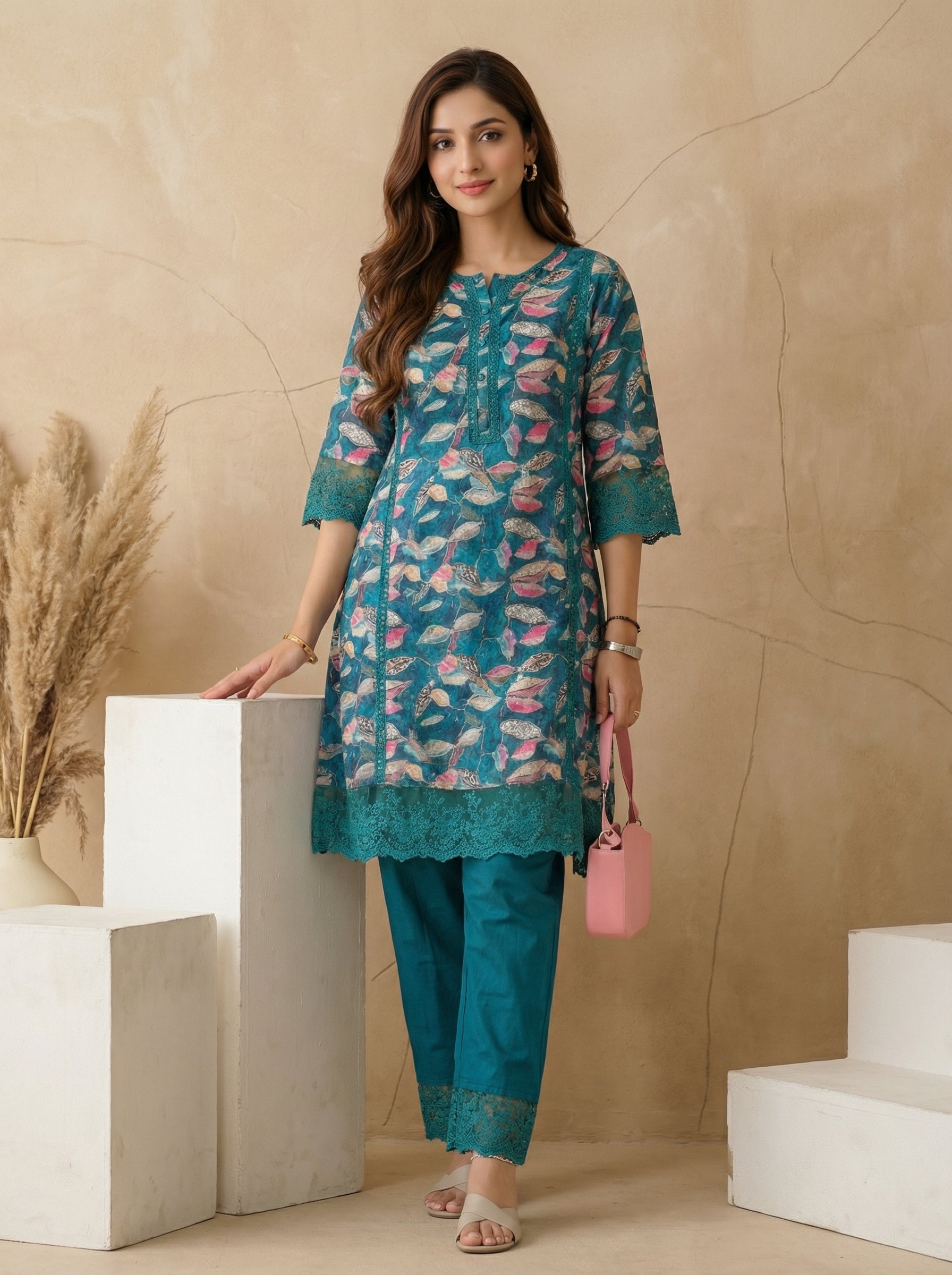 Turquoise Cotton A-Line Printed Kurta Set with Embroidery & Laced Solid Pants