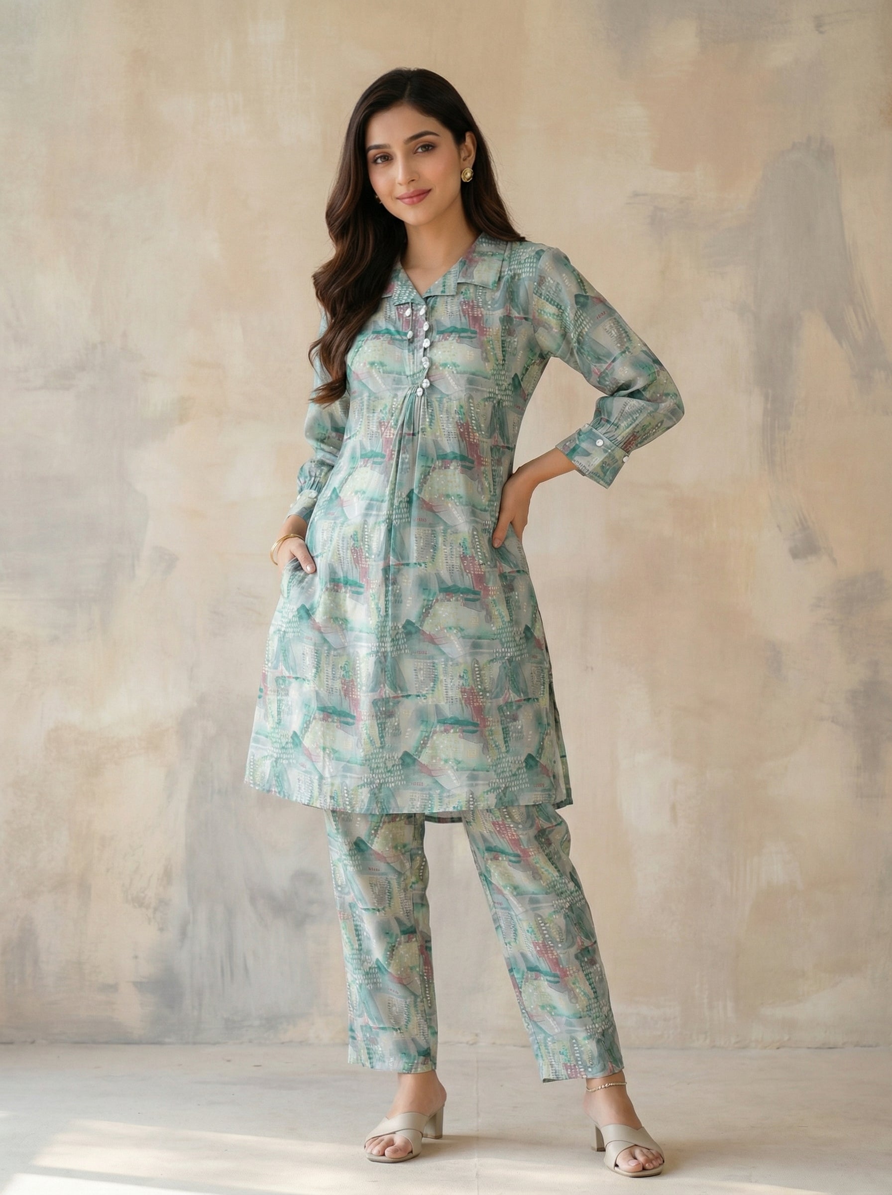 Multicolor Muslin Geometric Printed Relaxed Fit Co-ord Set