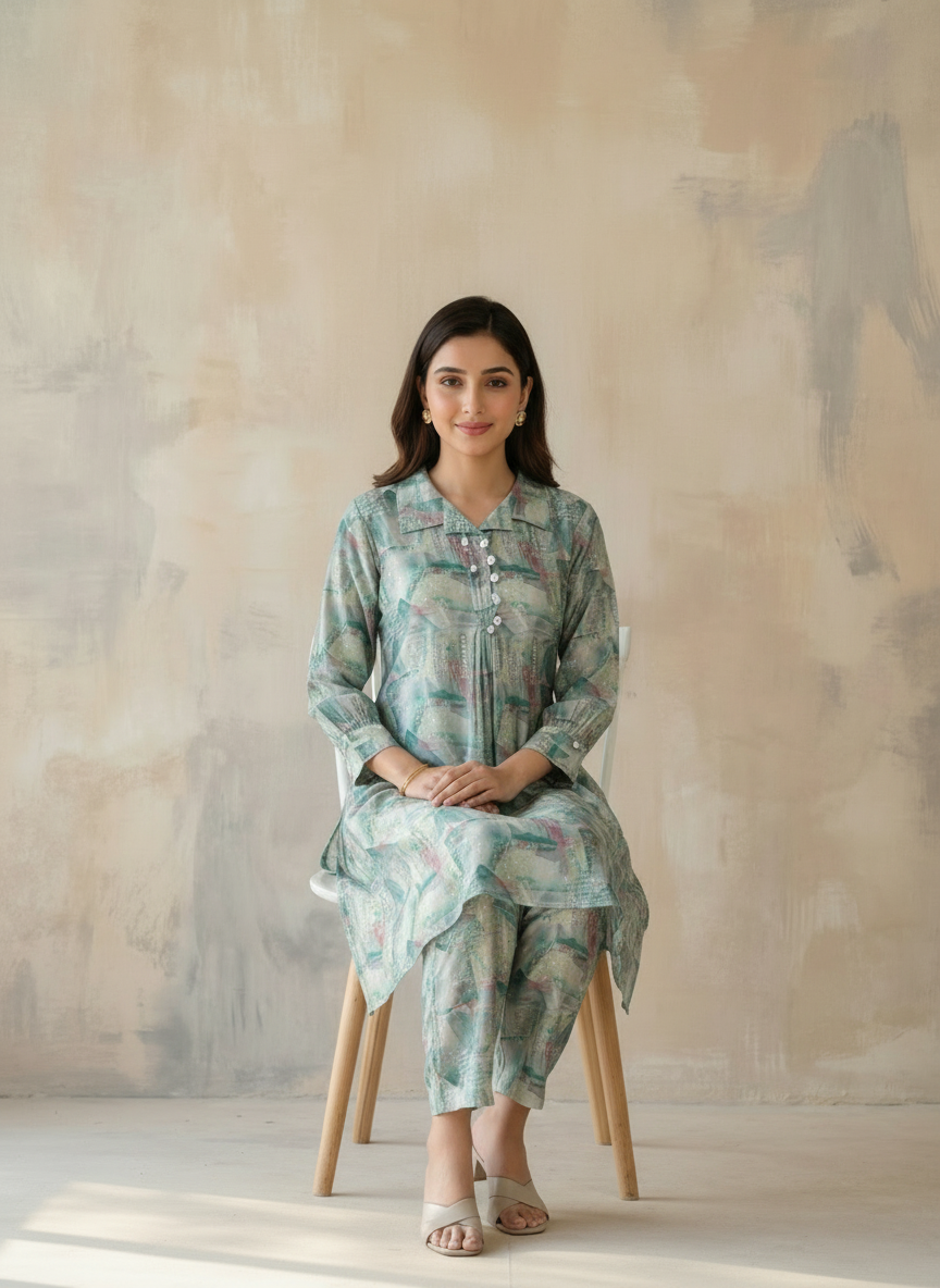 Multicolor Muslin Geometric Printed Relaxed Fit Co-ord Set
