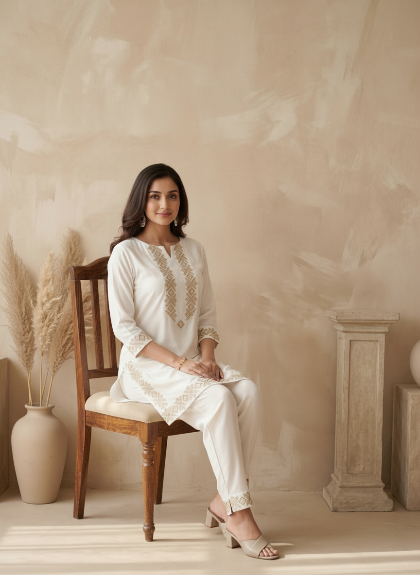 White & Gold Roman Silk Geometrical Embroidered Kurta Palazzo Set