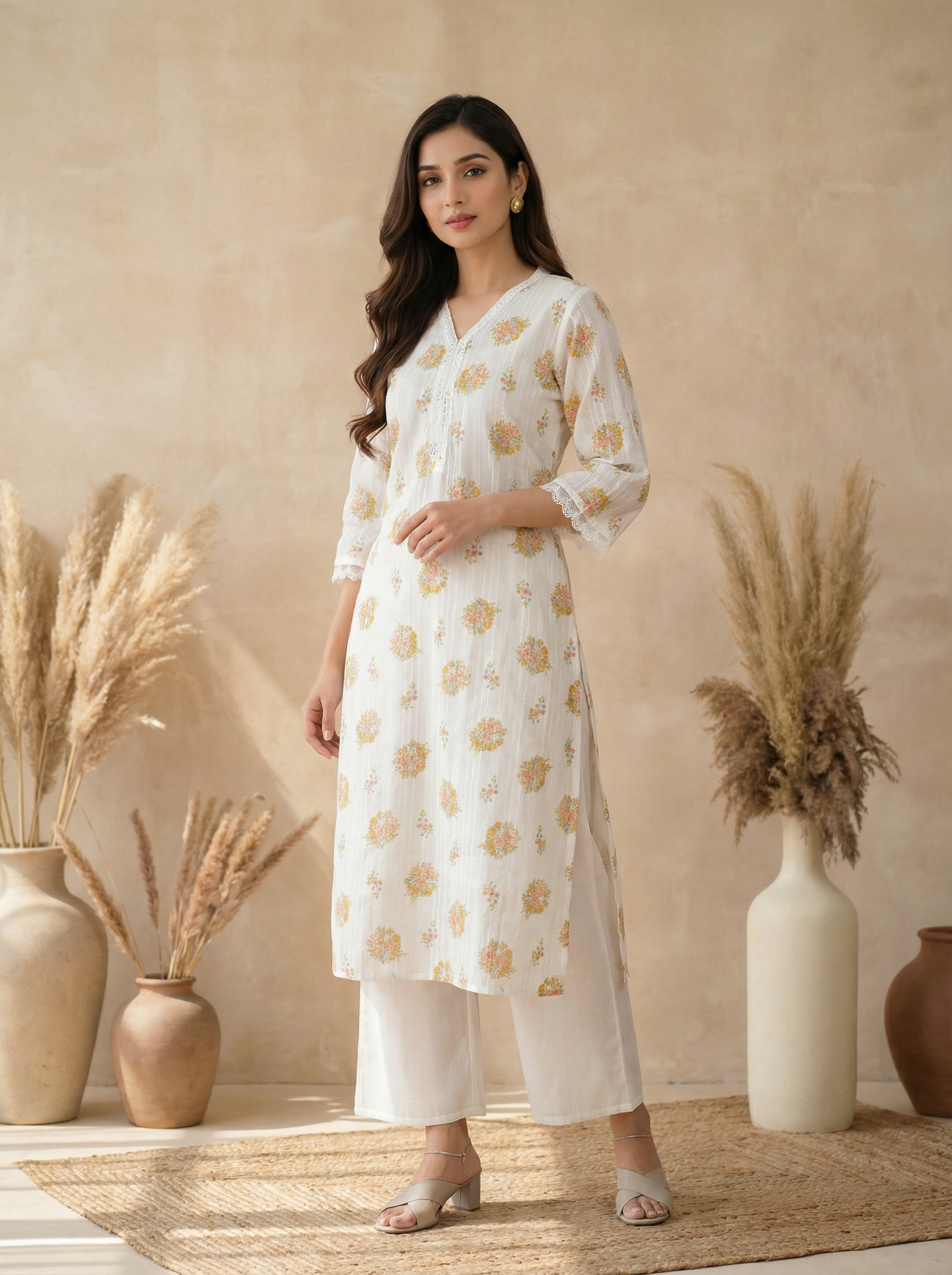 White Cotton Floral Printed Embroidered Kurta Palazzo Set