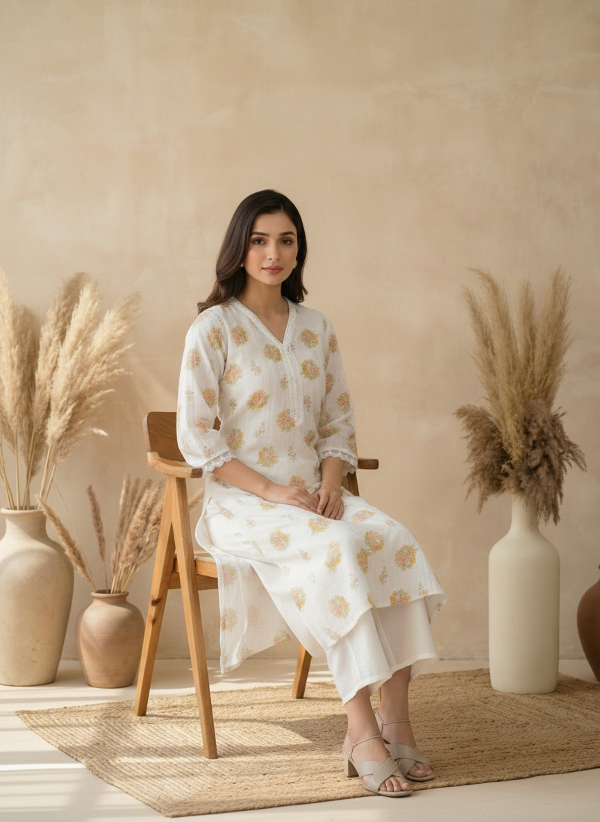 White Cotton Floral Printed Embroidered Kurta Palazzo Set
