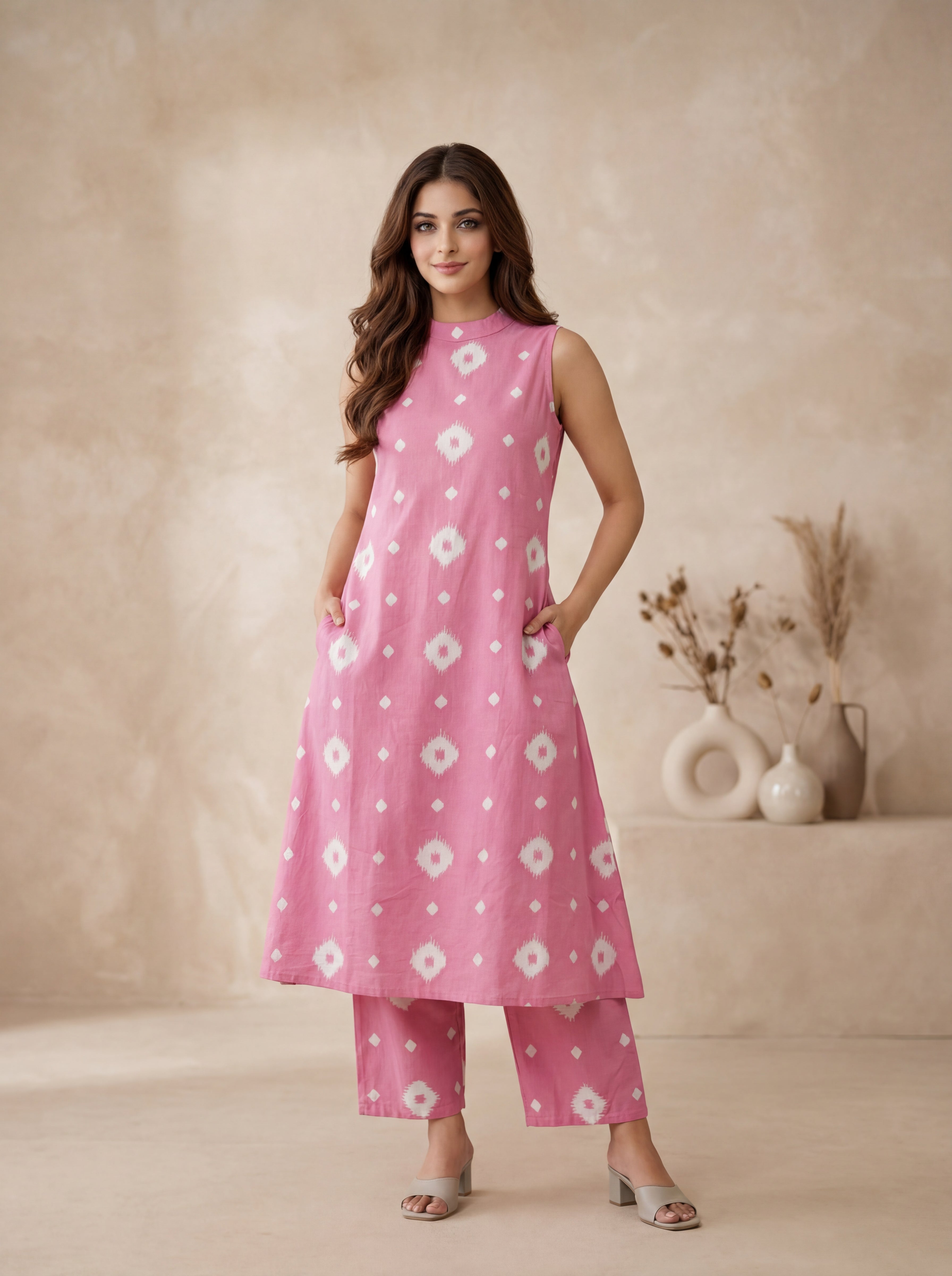 Pink Cotton Sleeveless Kurta & Palazzo Set