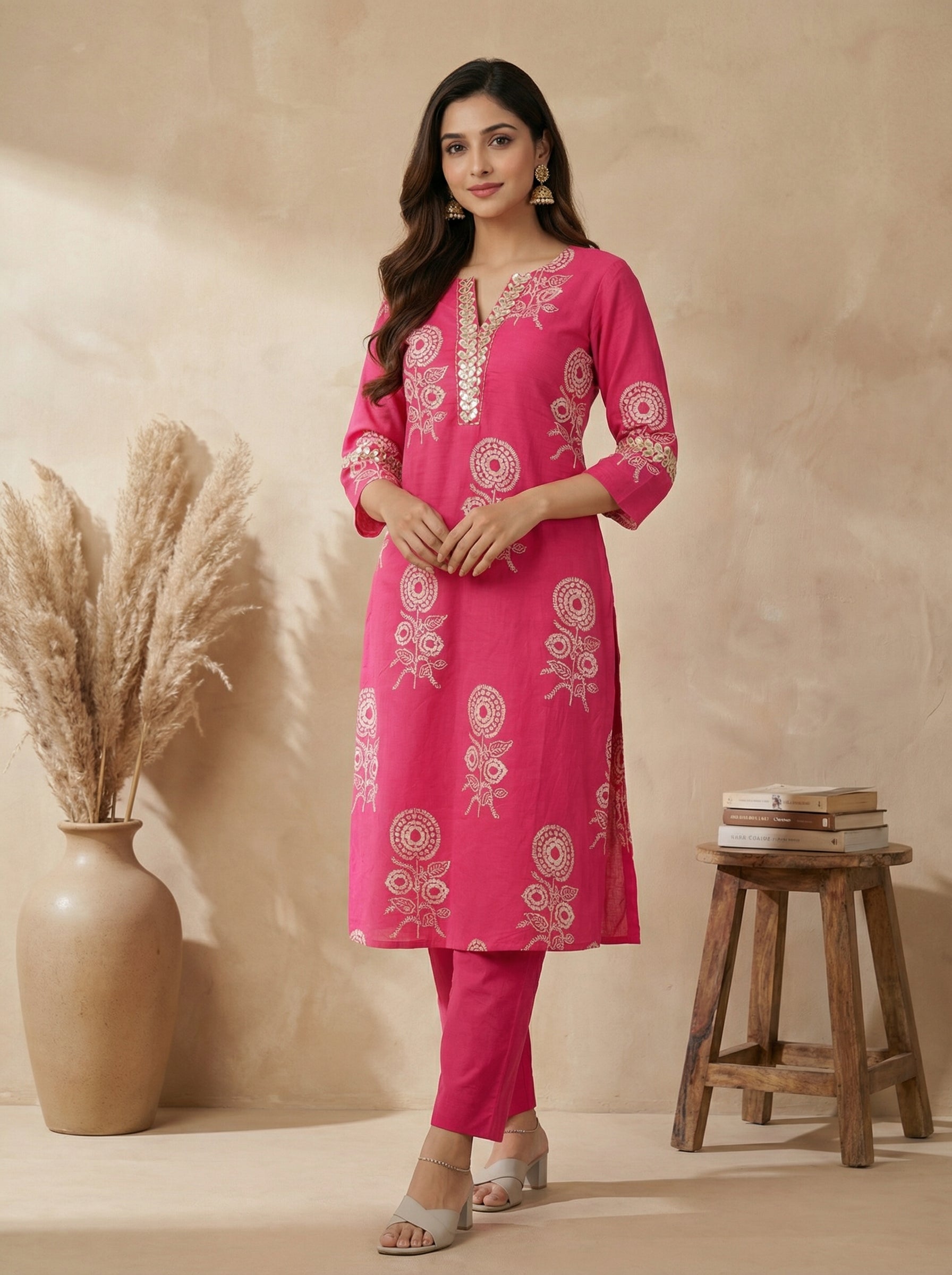 Pink Cotton Mirror and White Block Printed Kurta Palazzo Set