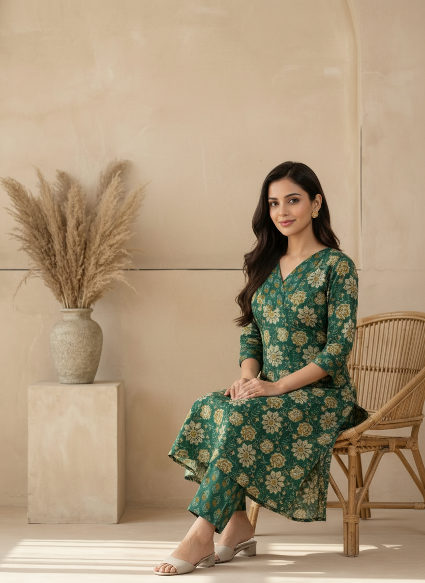 Dark Green Floral Cotton Kurta Palazzo Set