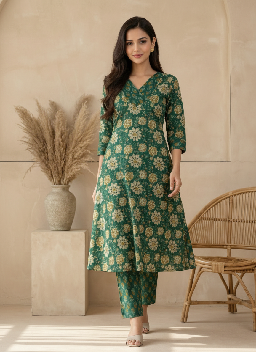 Dark Green Floral Cotton Kurta Palazzo Set