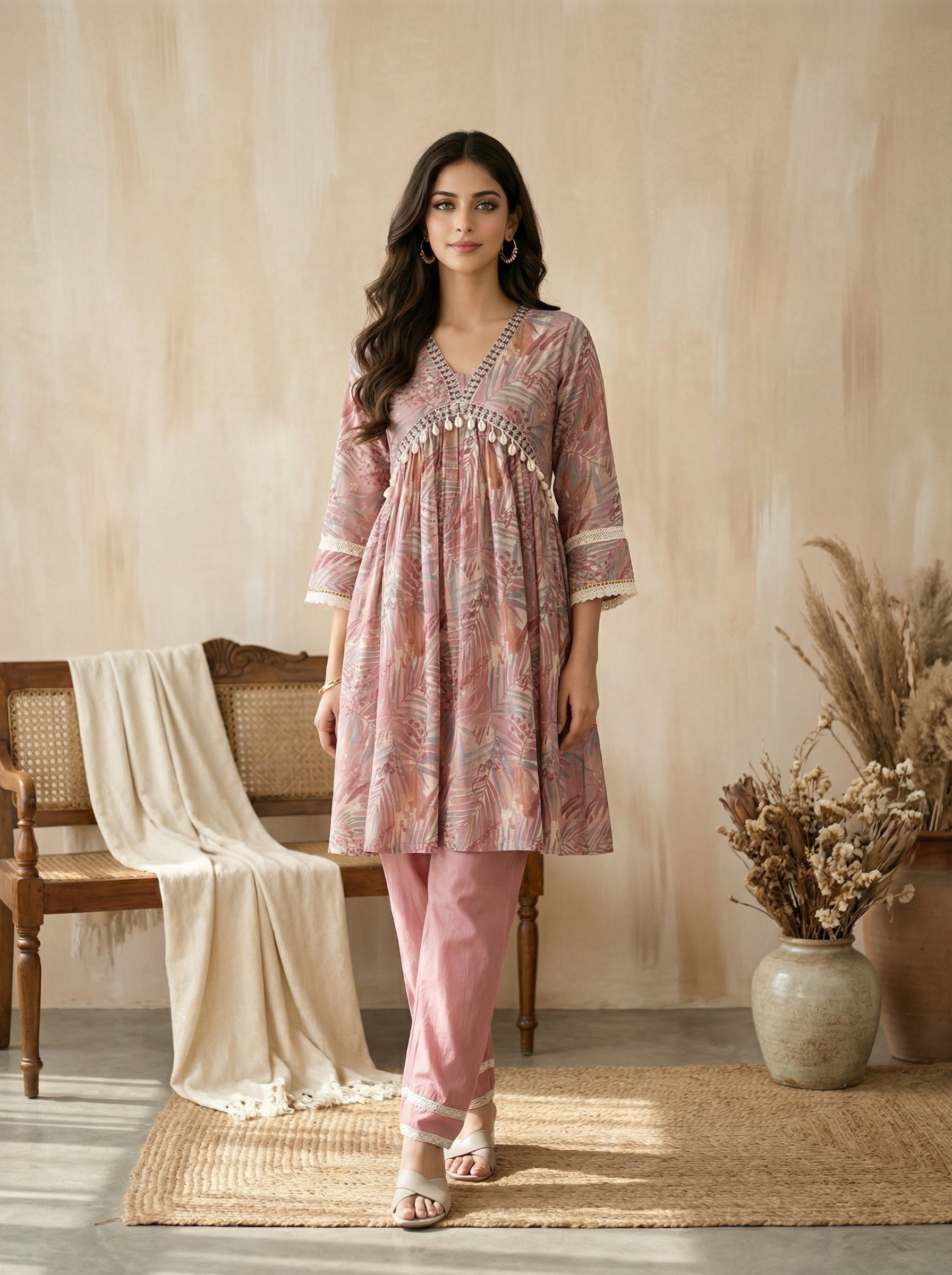 Brown Cotton Embroidered Lace Border Alia Cut Co-ord Set