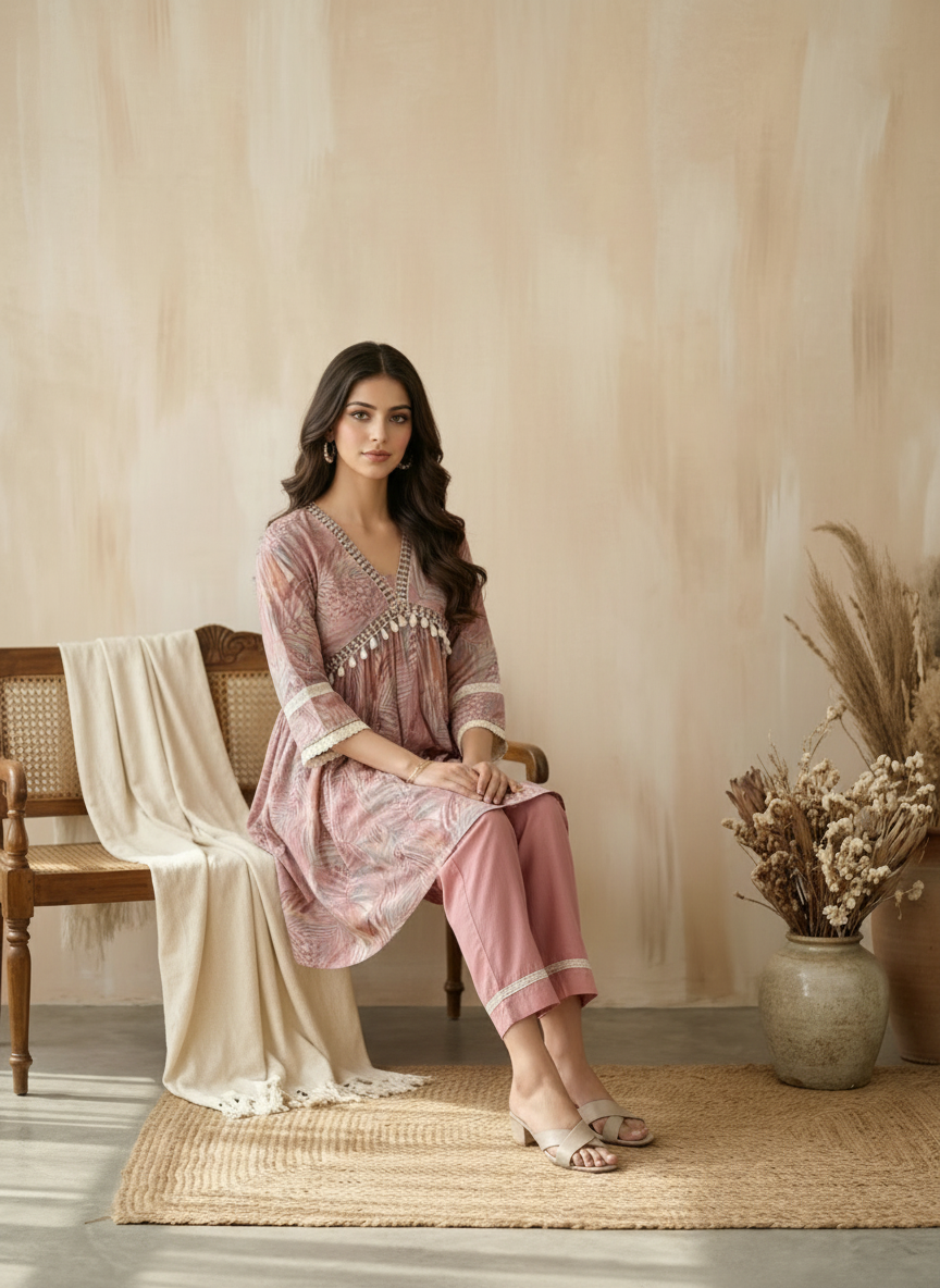 Brown Cotton Embroidered Lace Border Alia Cut Co-ord Set