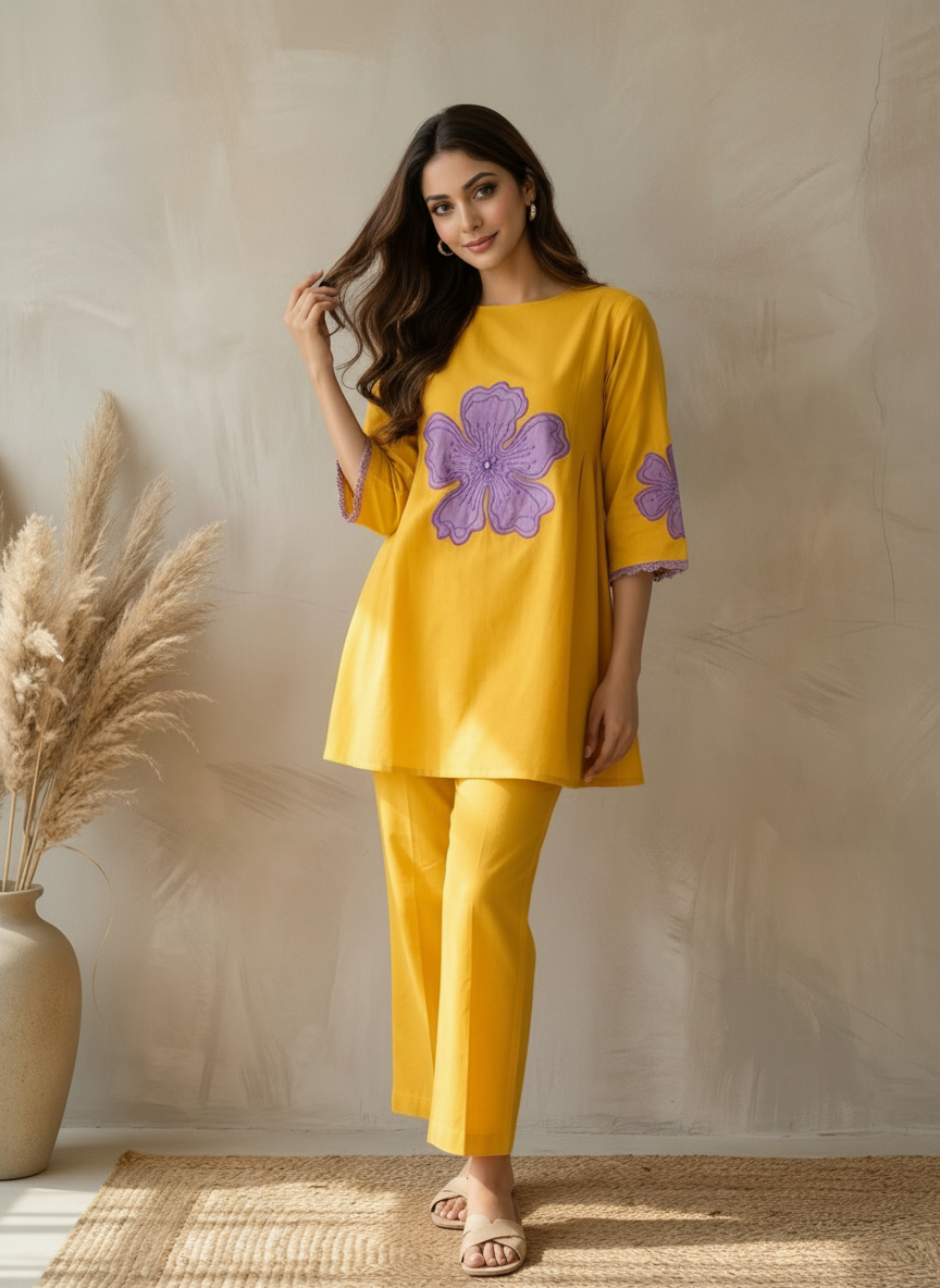 Mustard Cotton Flex Embroidered Co-ord Set