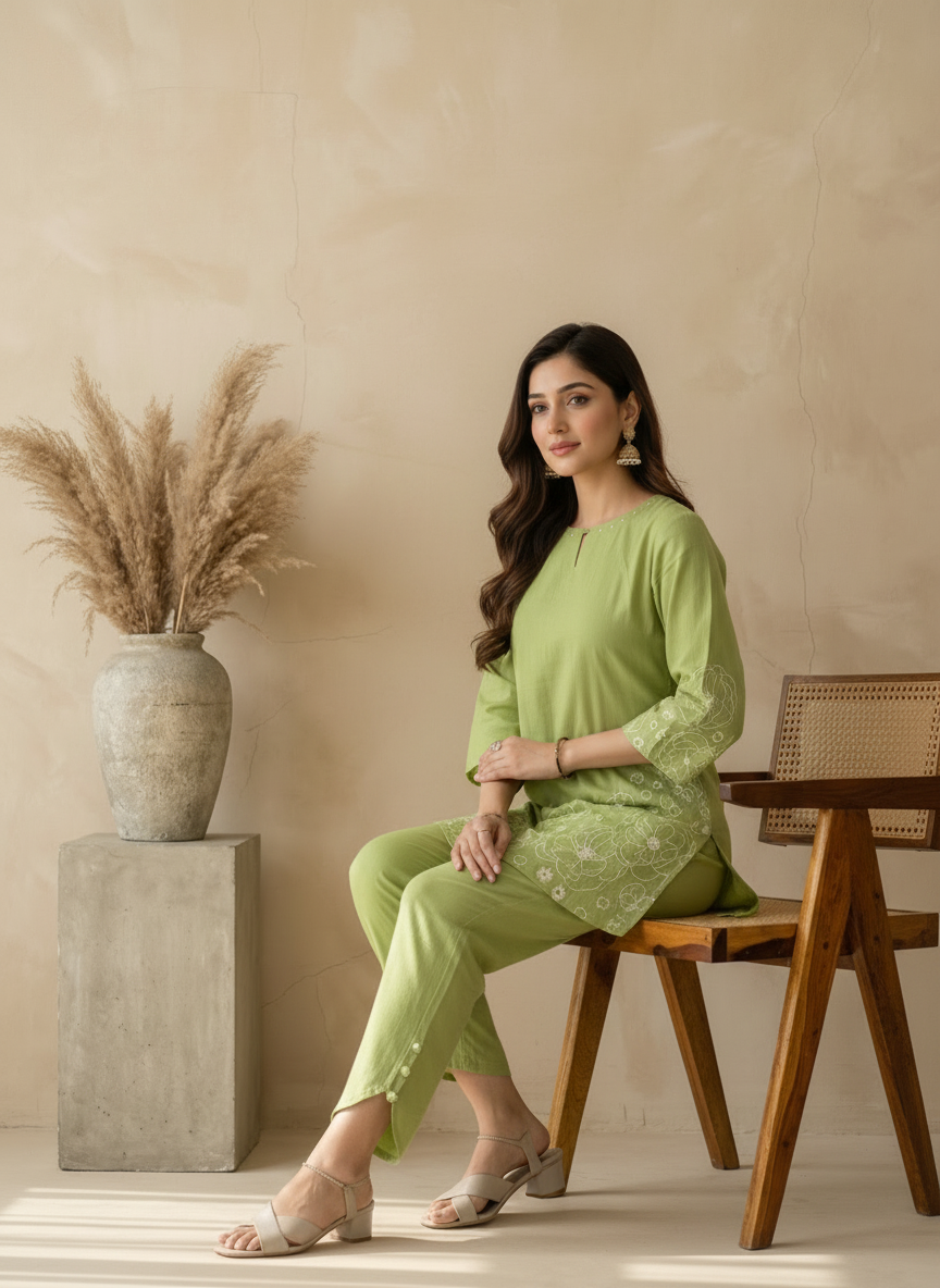 Green Cotton Embroidered Co-ord Set