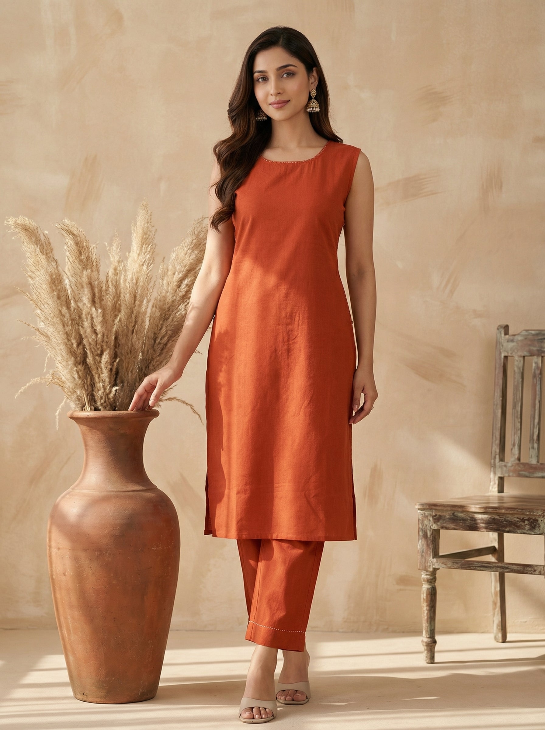 Reddish Orange Cotton Flex Sleeveless Co-ord Set