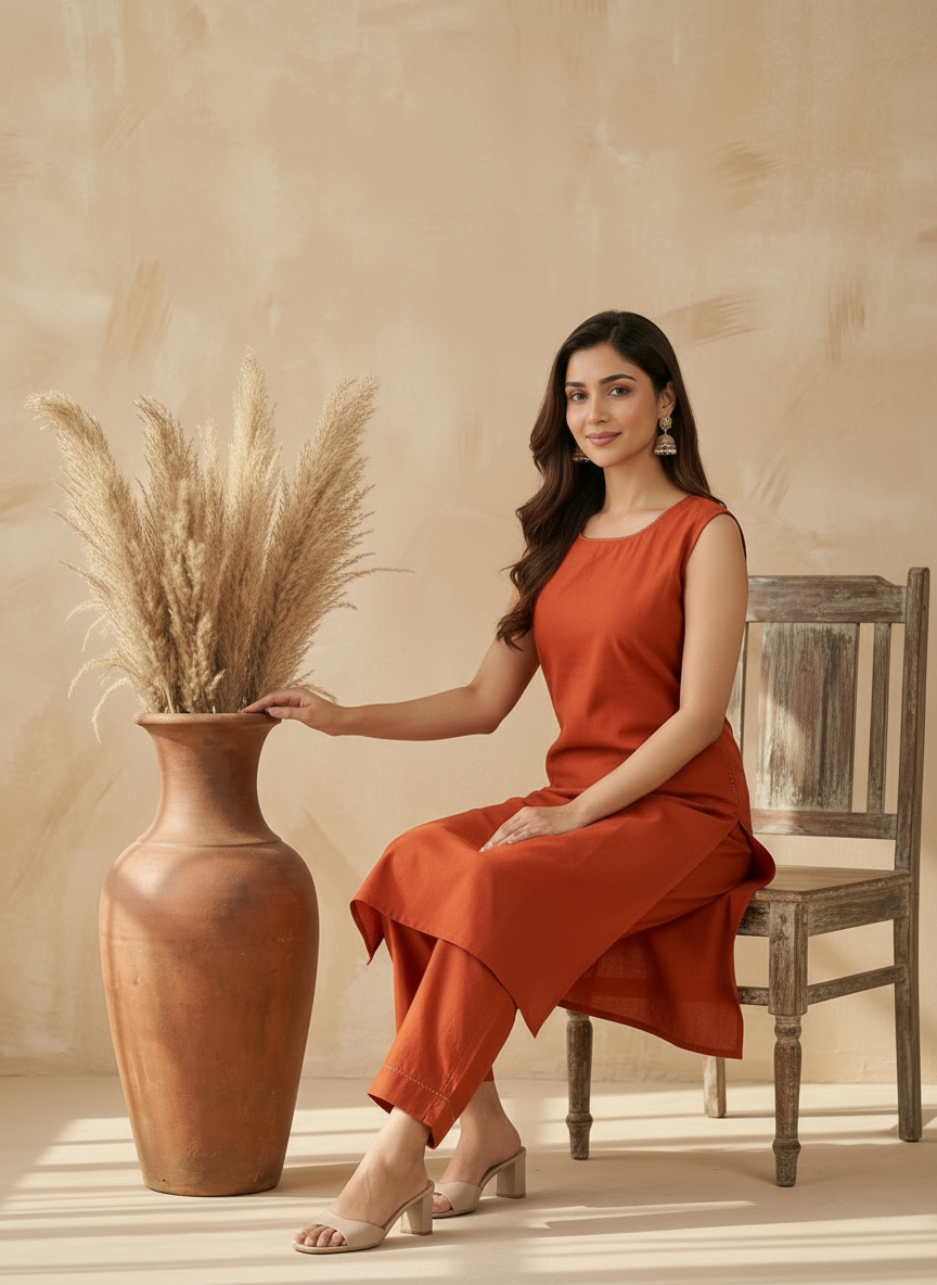 Reddish Orange Cotton Flex Sleeveless Co-ord Set