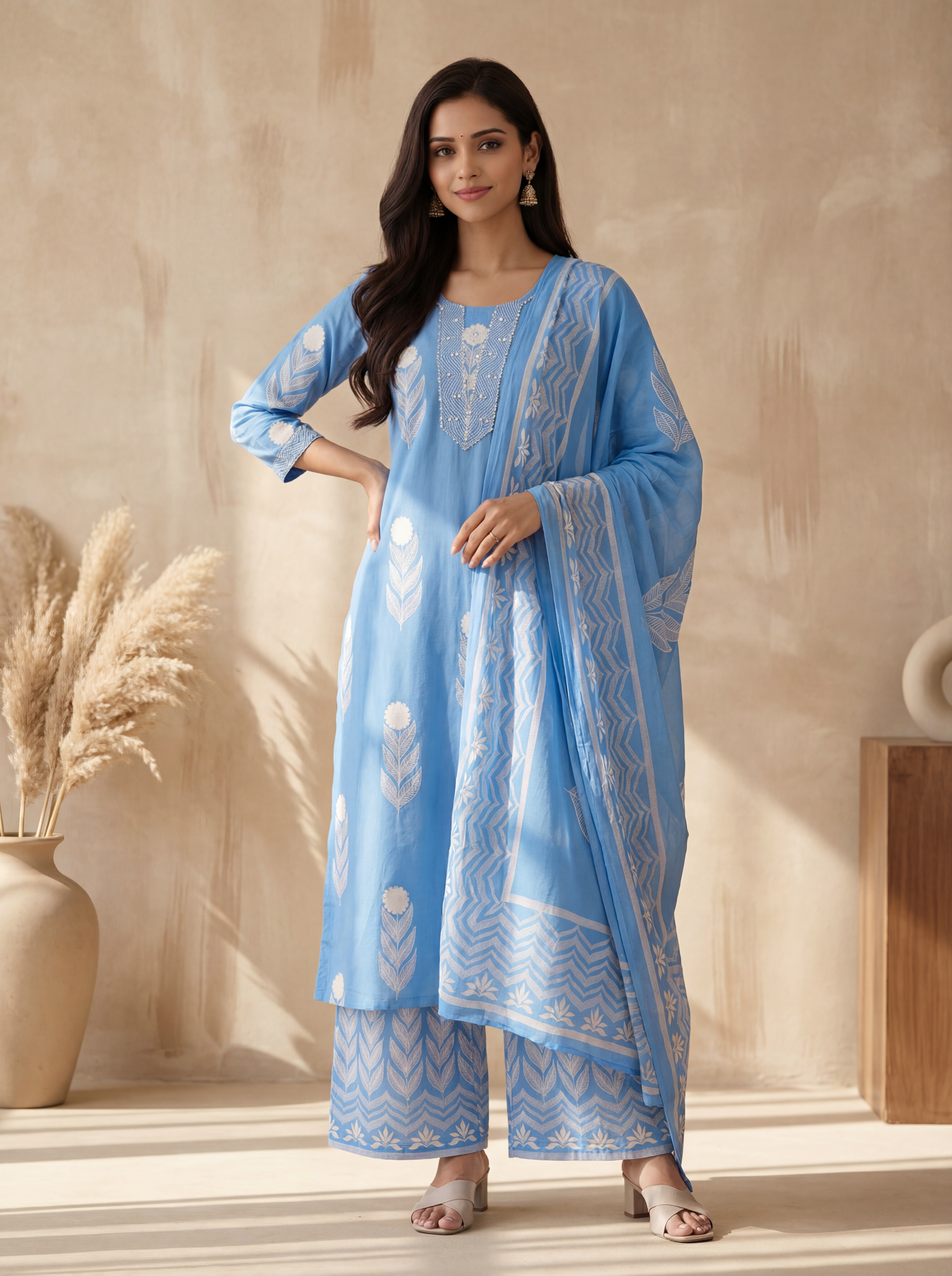 Blue Cotton Straight Suit Set with Feather-Like Print