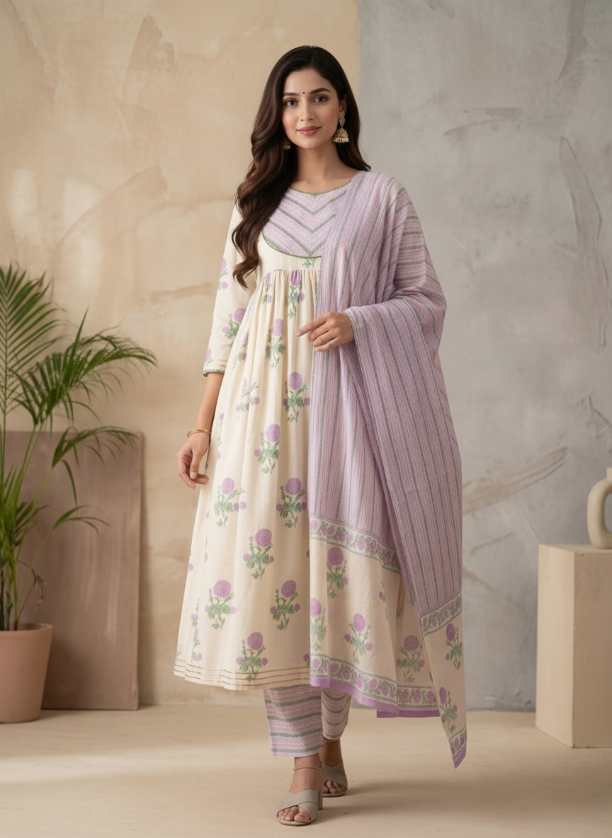 White & Purple Cotton Handblock Floral Print Kurta Suit Set featuring Gota Patti Work and Angrakha Style
