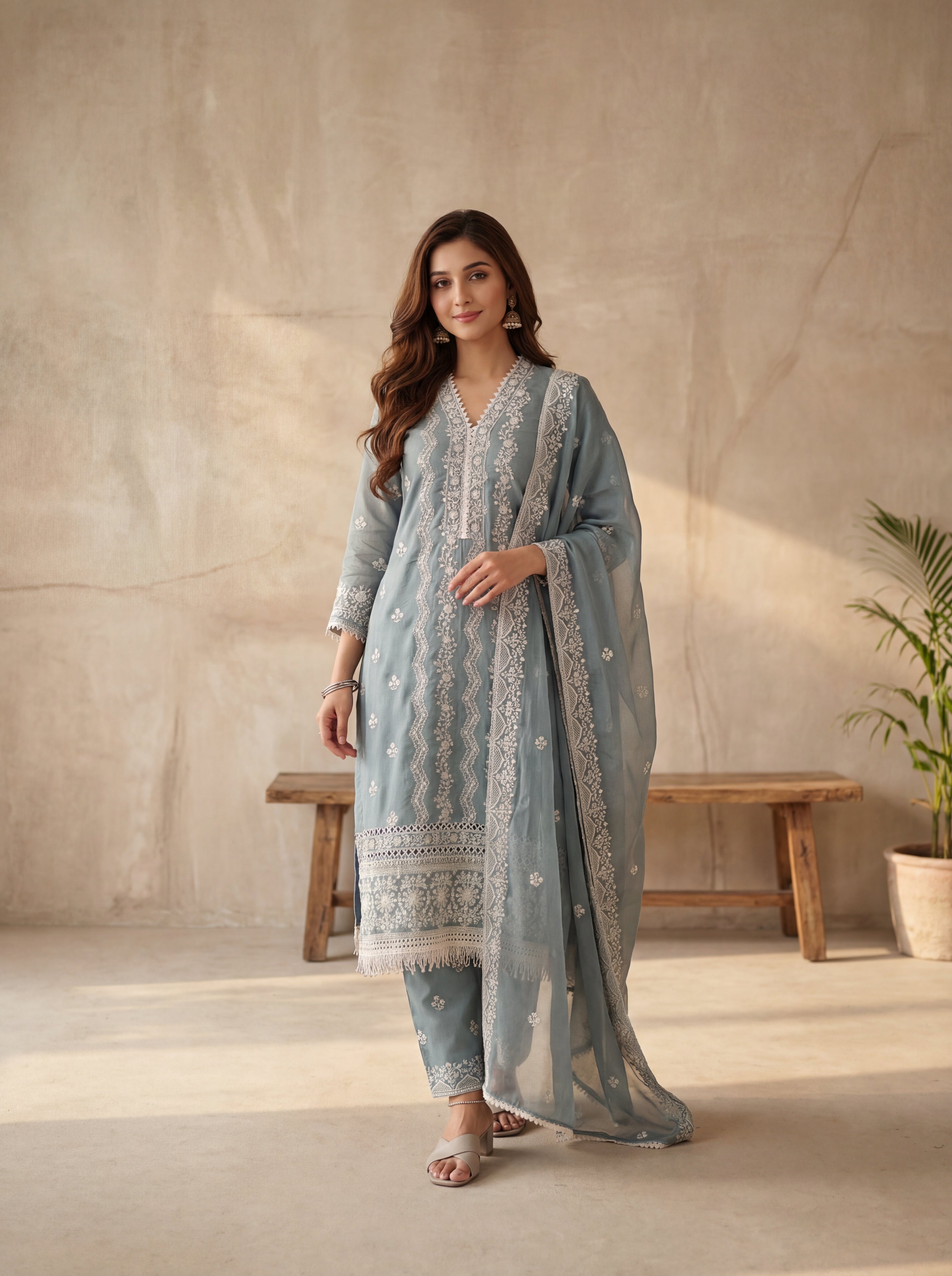 Grey Cotton Suit Set with Thread Work Detailing
