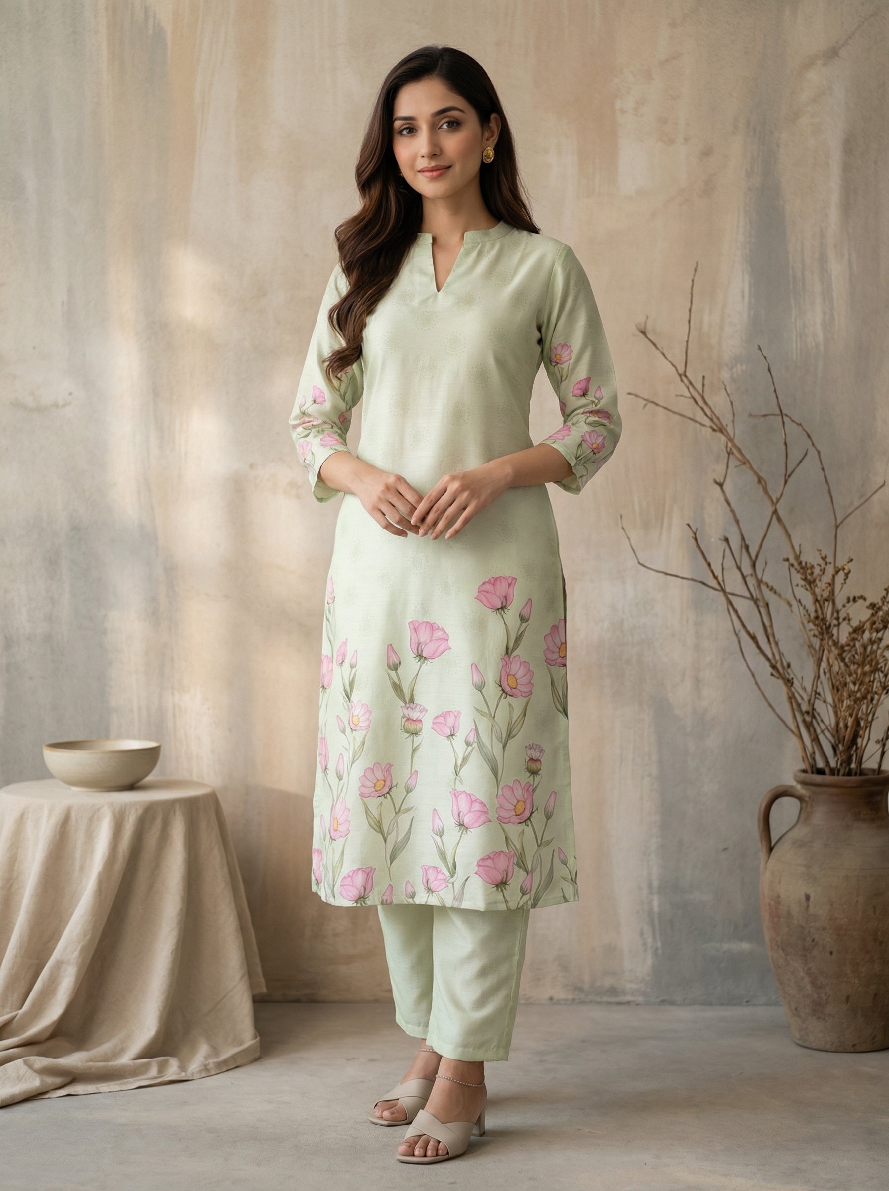 Pista Green Shimmer Slub Cotton Floral Print Kurta Palazzo Set
