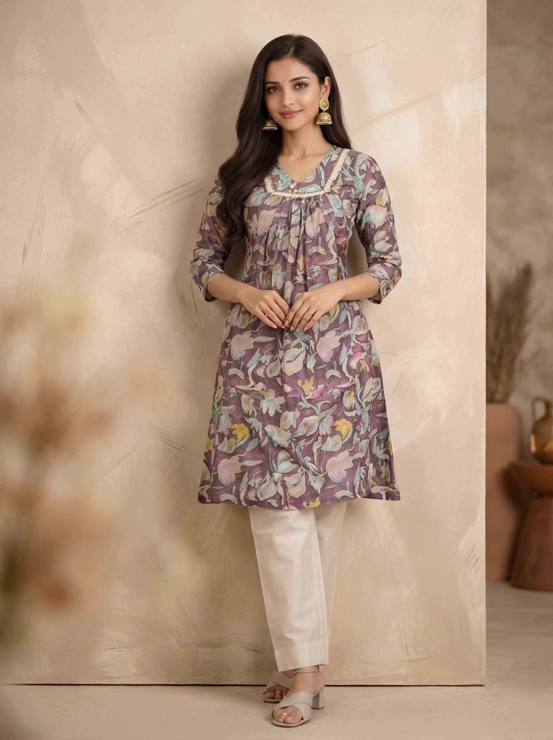 Brown and Cream A-Line Cotton Kurta Palazzo Set