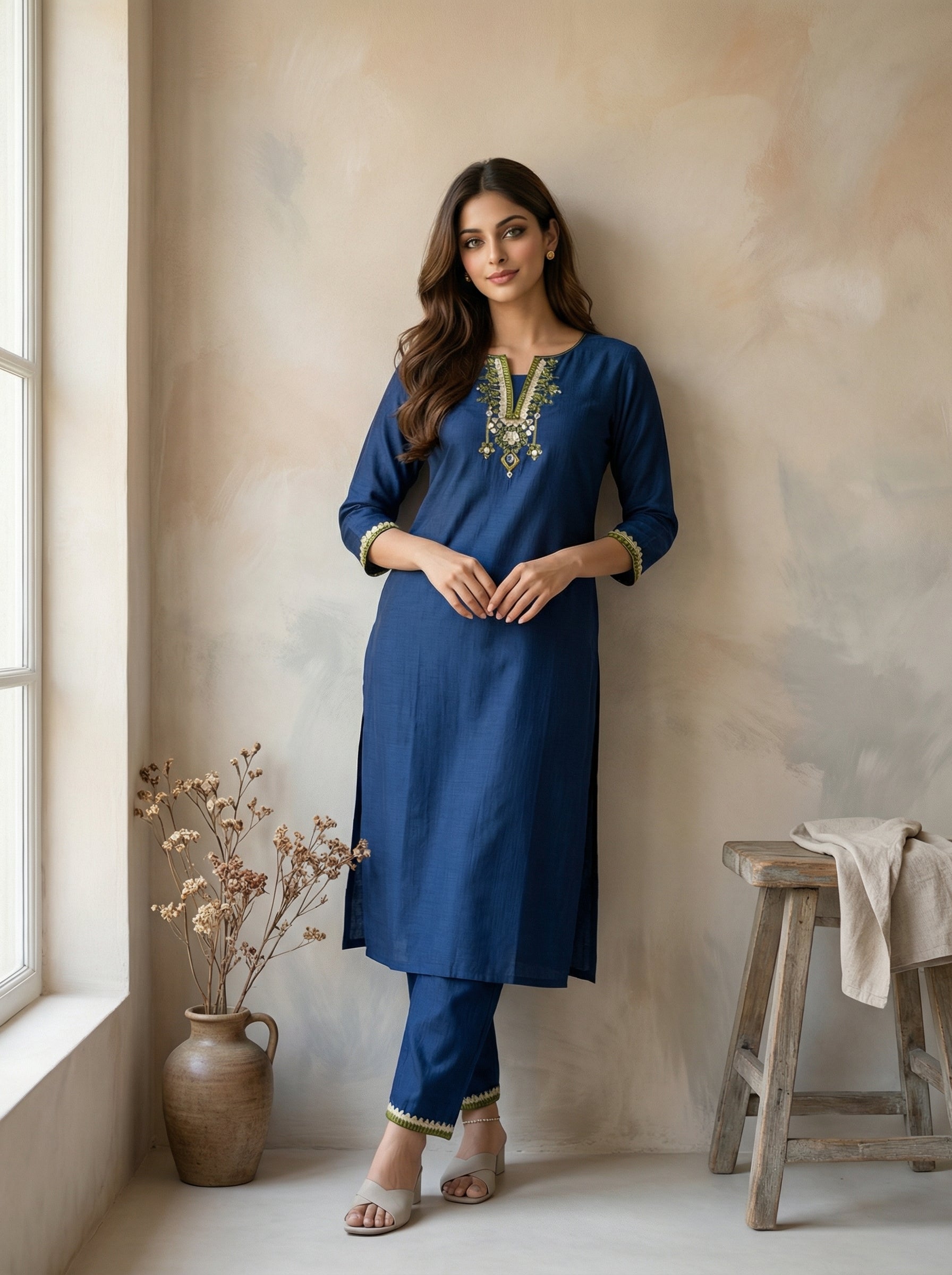 Dark Blue Muslin Embroidered & Mirror Work Kurta Palazzo Set with Patterned Neckline