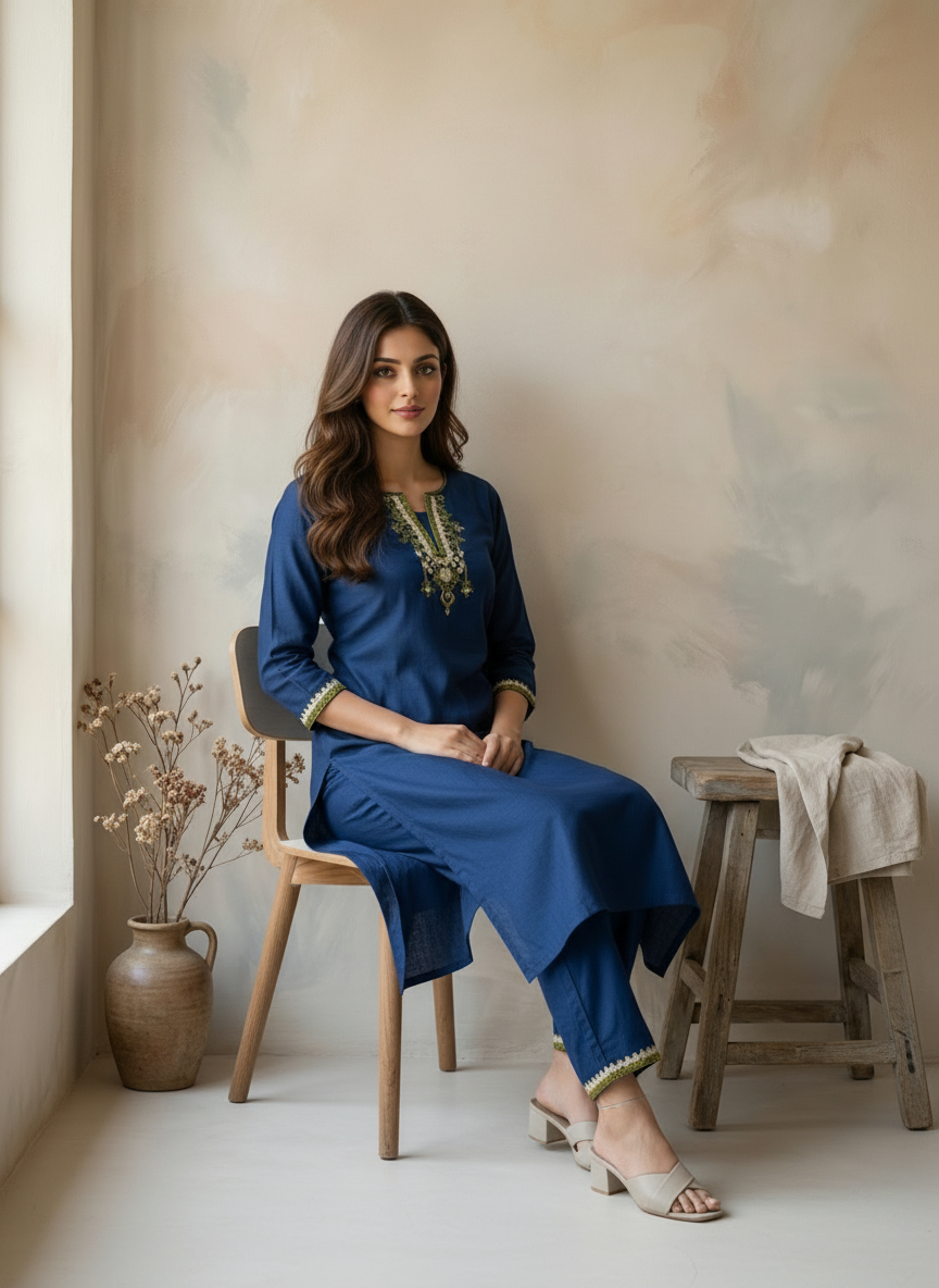 Dark Blue Muslin Embroidered & Mirror Work Kurta Palazzo Set with Patterned Neckline