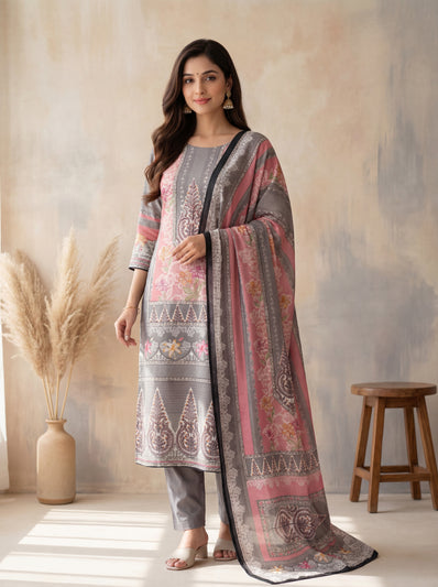 Pink and Grey Moroccan Silk Straight Kurta Set