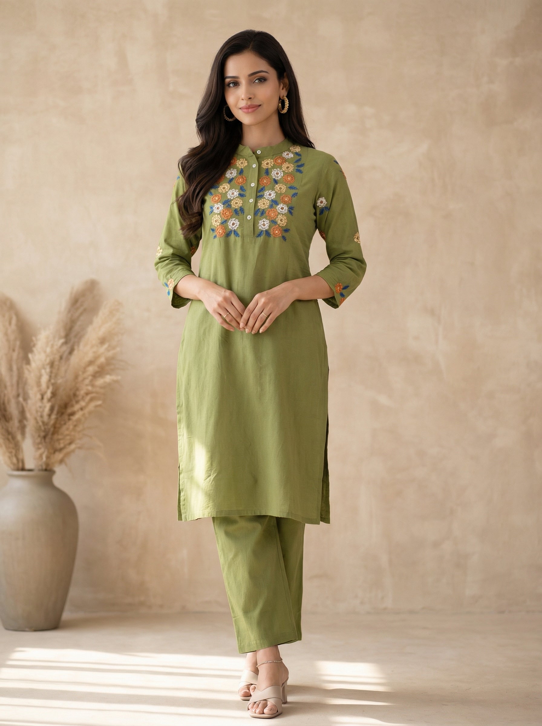 Green Cotton Flex Embroidered Kurta Pant Set