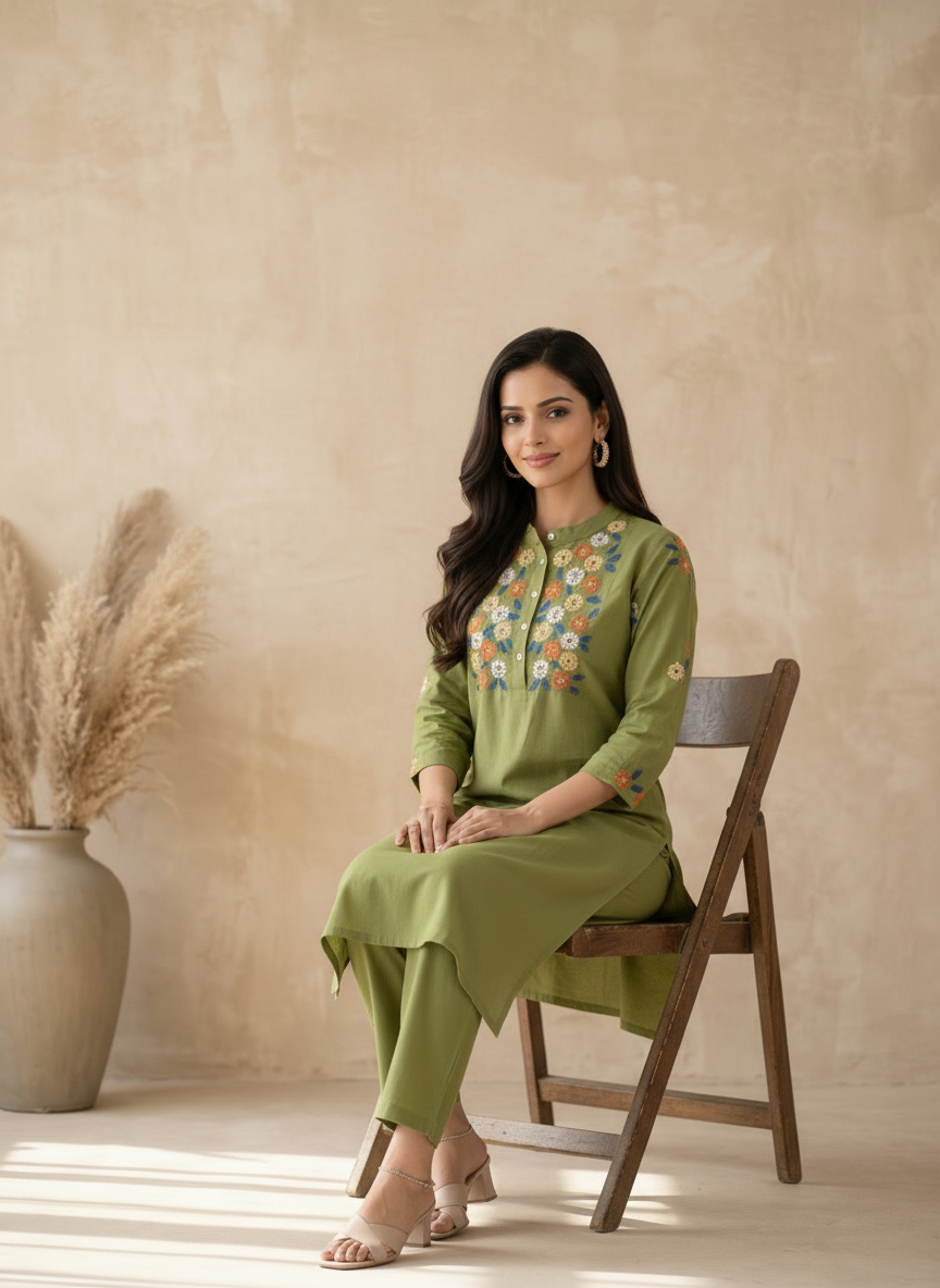 Green Cotton Flex Embroidered Kurta Pant Set