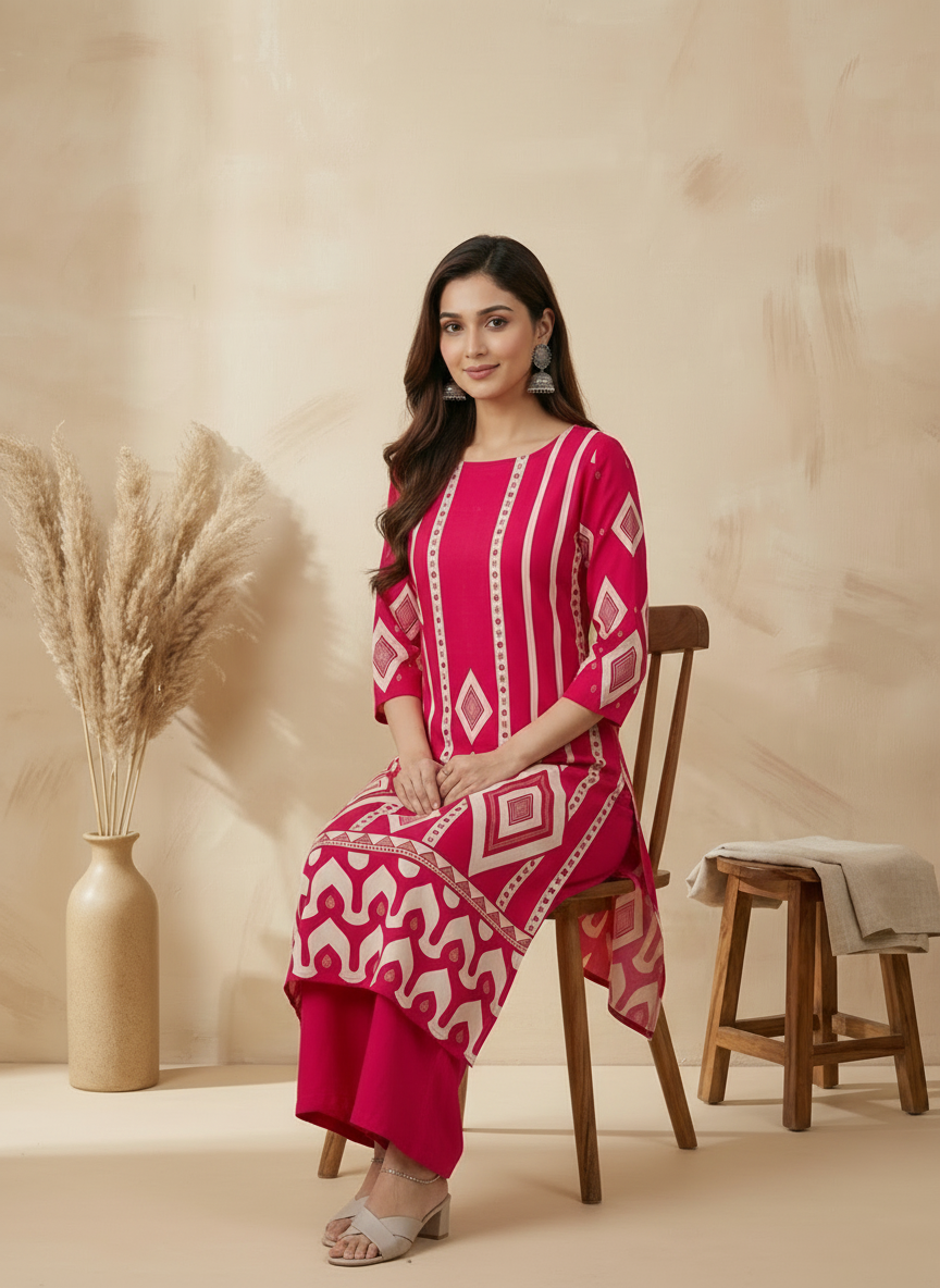 Dark Pink Rayon Kurta Pant Set