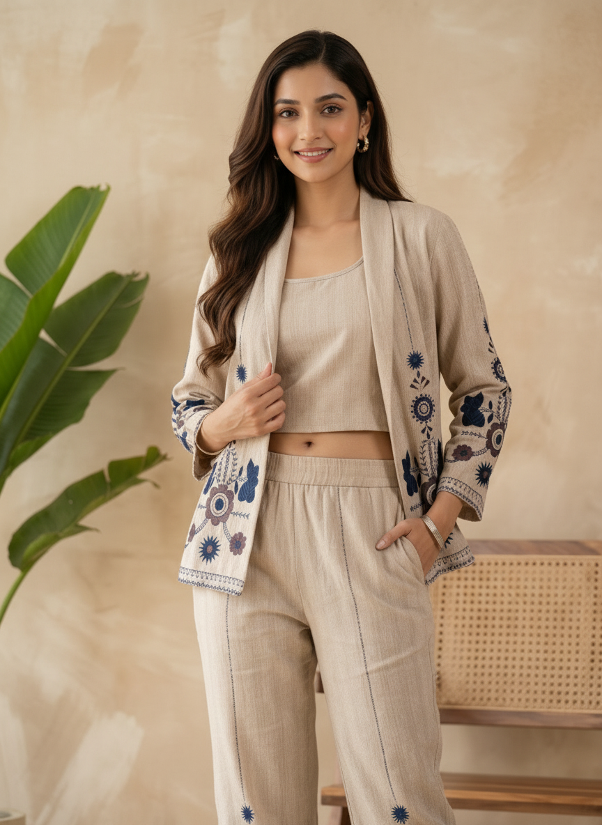 Cotton Katha Floral Embroidered Crop Top with Trousers and Shrug
