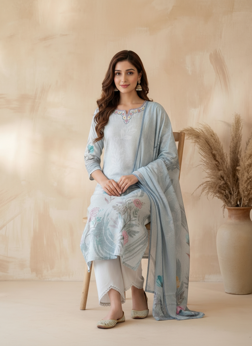 Cotton Grey Suit Set with Floral Print