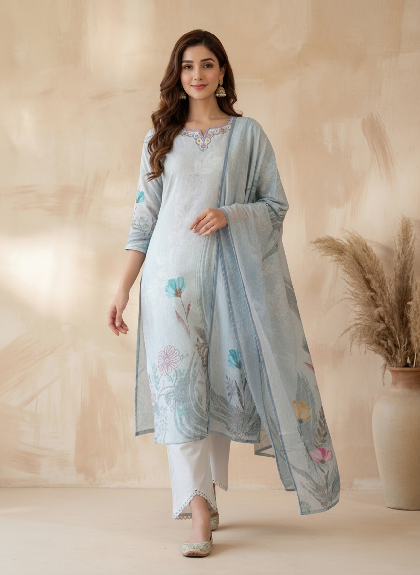 Cotton Grey Suit Set with Floral Print