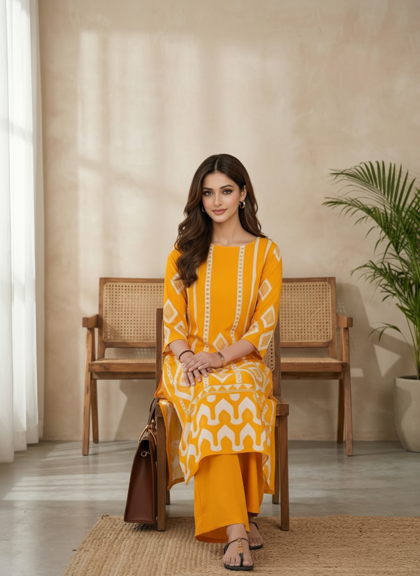 Dark Yellow Rayon Kurta Pant Set