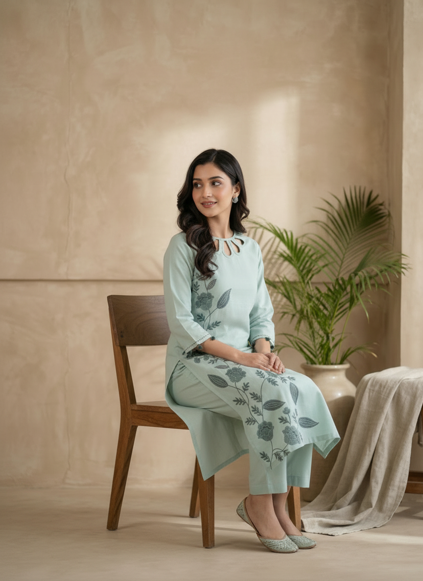 Mint Green Cotton Flex Kurta Pant Set with Keyhole Neckline and Tassel Accents