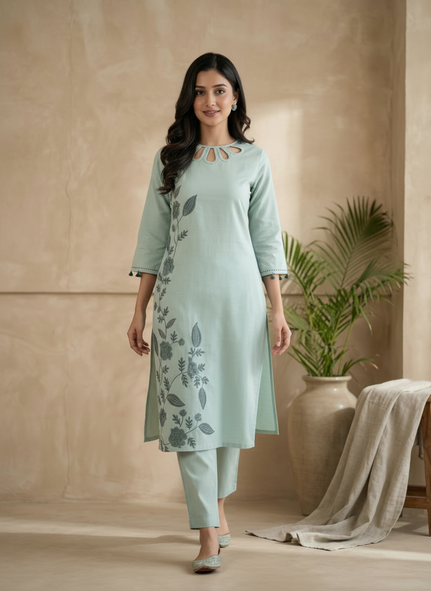 Mint Green Cotton Flex Kurta Pant Set with Keyhole Neckline and Tassel Accents