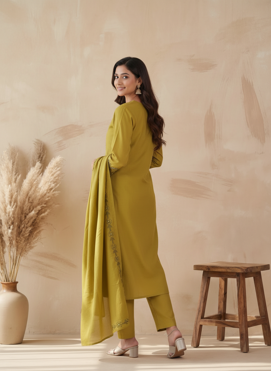 Green Soft Cotton Suit Set featuring Delicate Floral Embroidery
