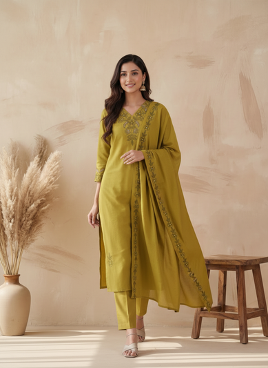 Green Soft Cotton Suit Set featuring Delicate Floral Embroidery