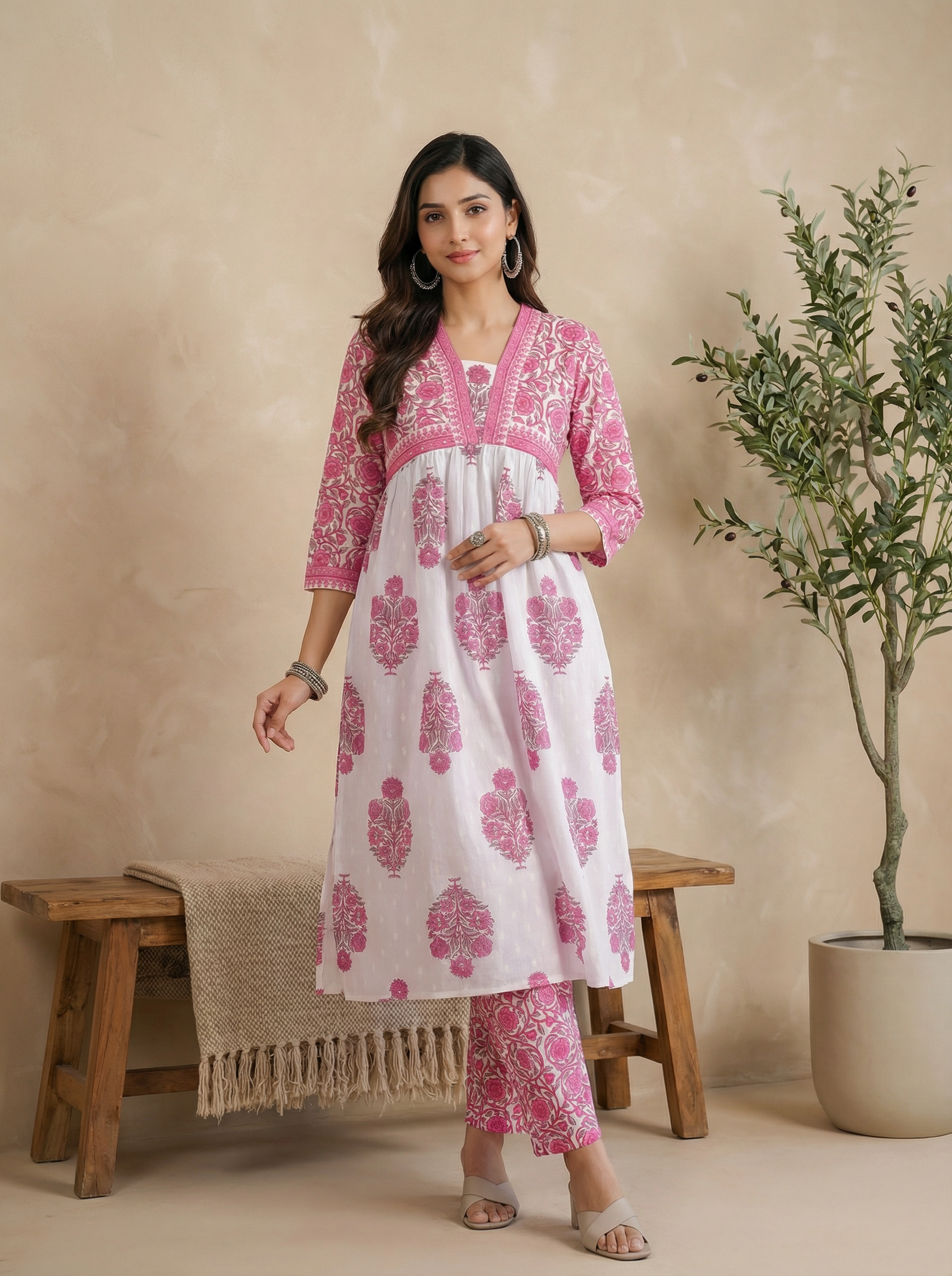 Pink Cotton Handblock Printed Anarkali Kurta Pant Set with Floral Motifs