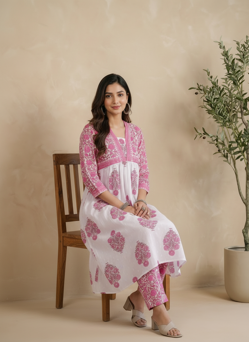 Pink Cotton Handblock Printed Anarkali Kurta Pant Set with Floral Motifs