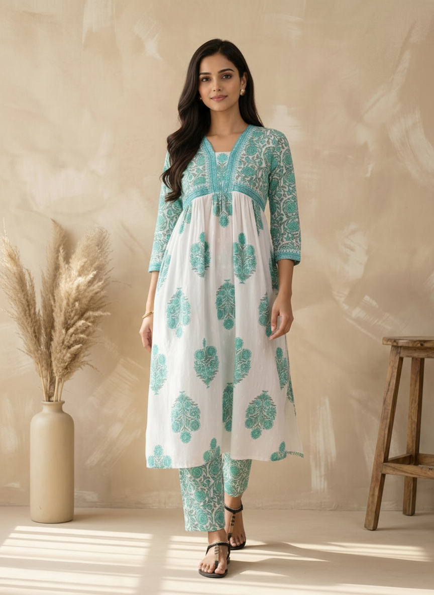 Mint Green Cotton Handblock Printed Anarkali Kurta Pant Set with Floral Motifs