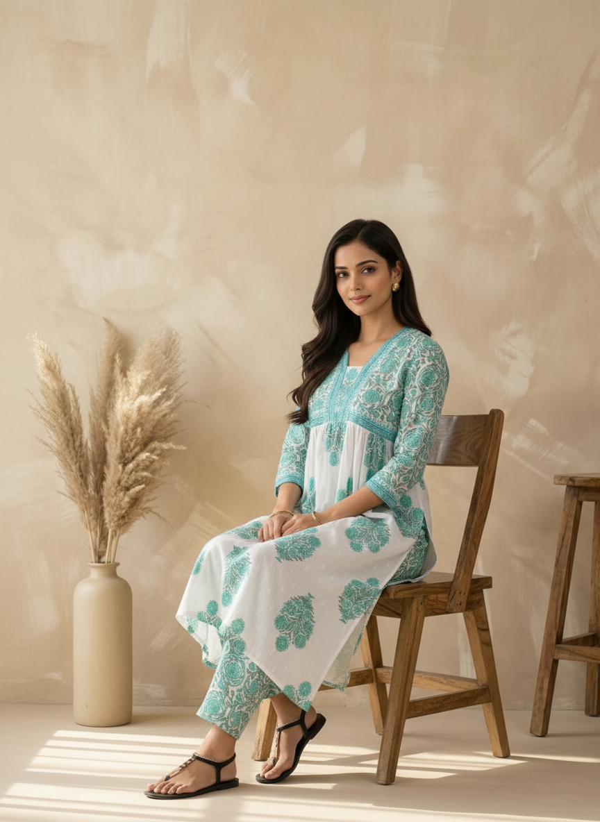 Mint Green Cotton Handblock Printed Anarkali Kurta Pant Set with Floral Motifs