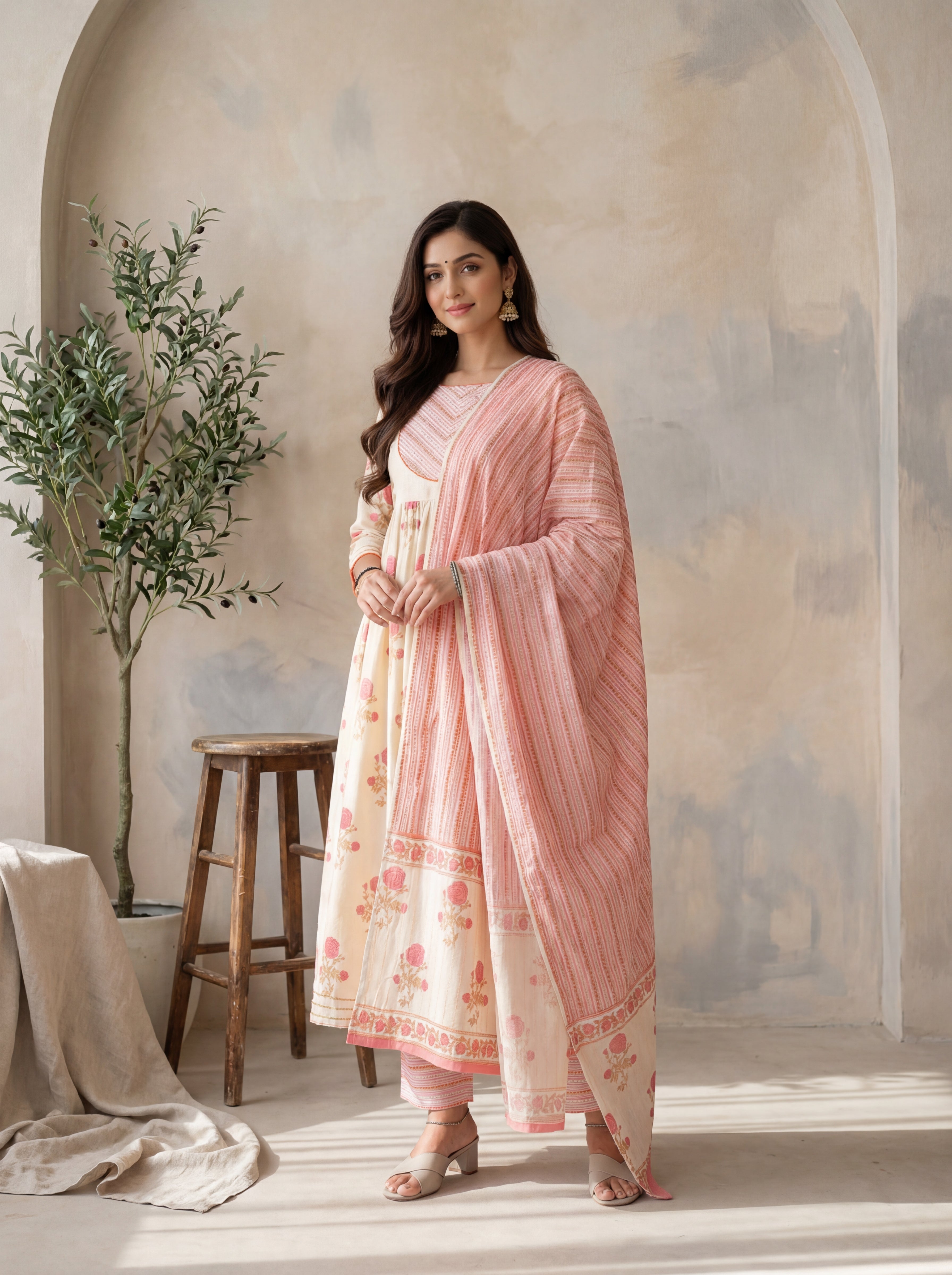 White & Pink Cotton Handblock Floral Print Kurta Suit Set featuring Gota Patti Work and Angrakha Style