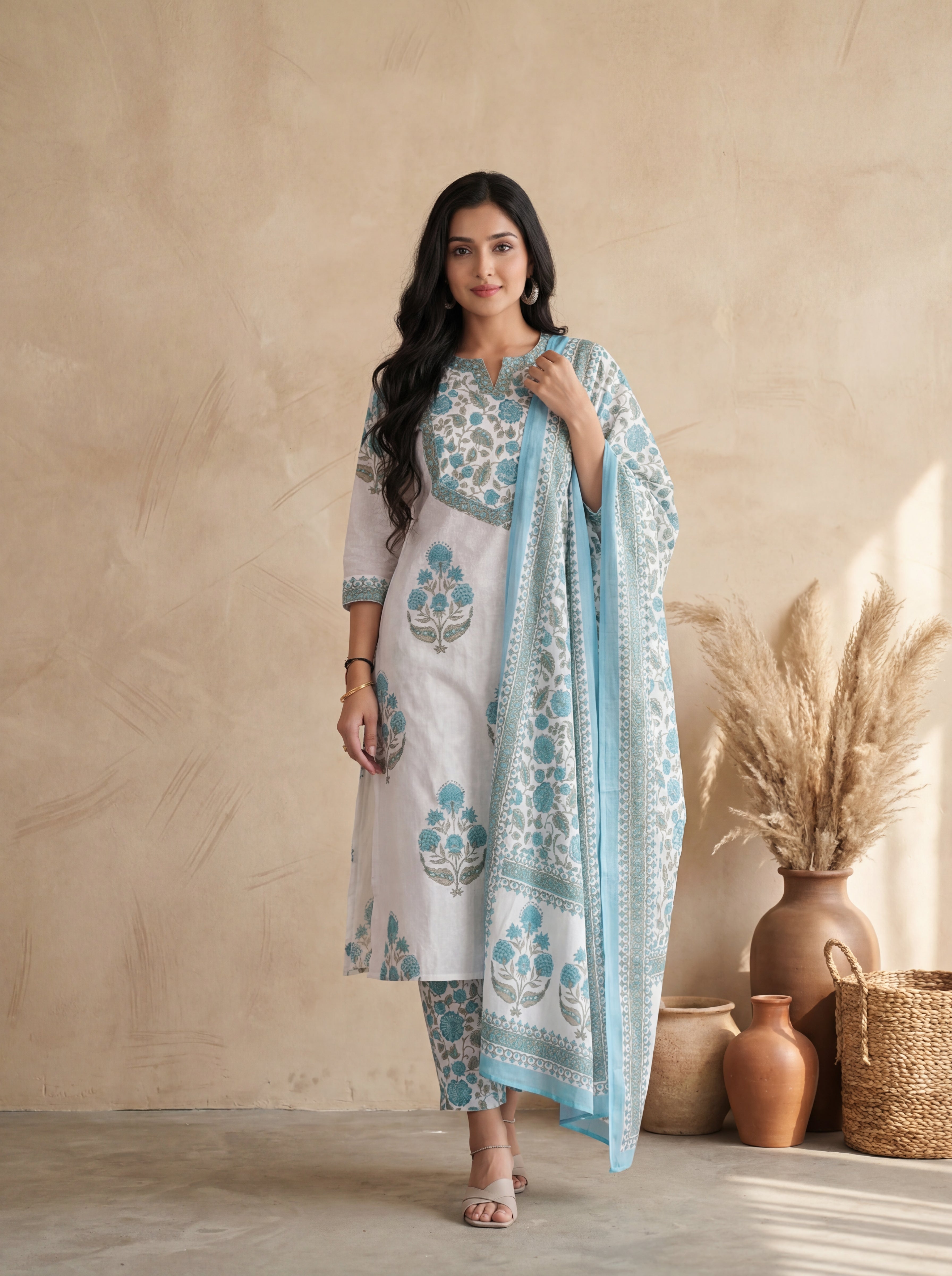 White Cotton A-Line Kurta Suit Set with Blue Handblock Printed Floral Pattern