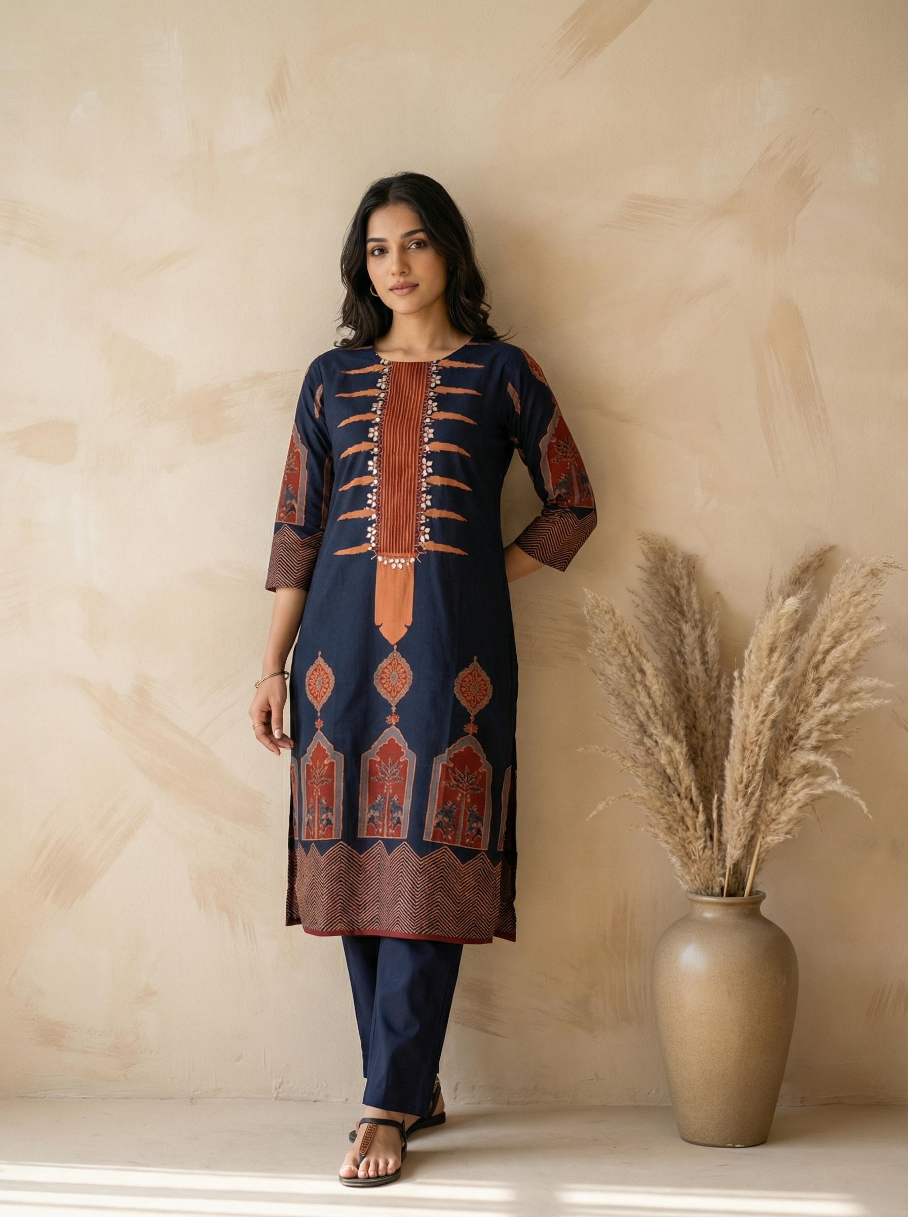 Dark Blue and Maroon Cotton Kurta Palazzo Set