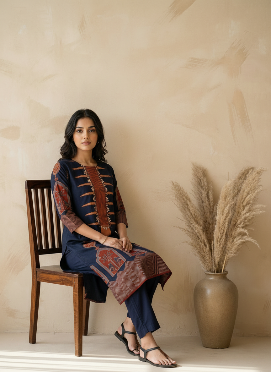 Dark Blue and Maroon Cotton Kurta Palazzo Set