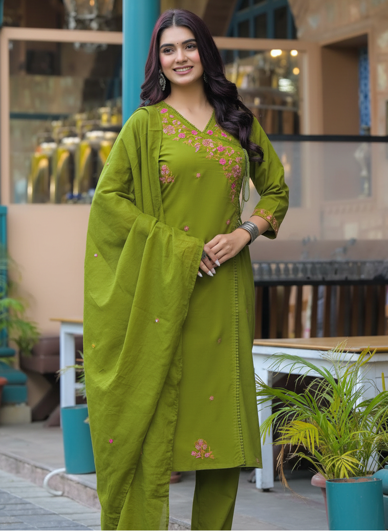 Green Floral Embroidered Angrakha Anarkali Kurta Palazzo Set with Stone Work & Mirror Work Dupatta