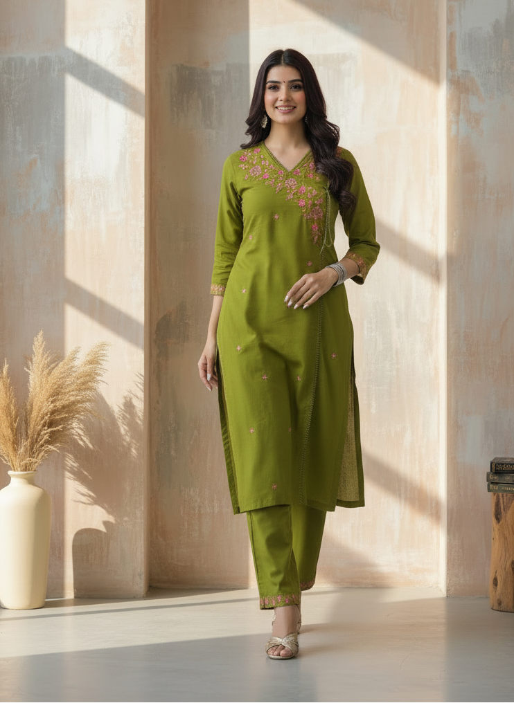 Green Floral Embroidered Angrakha Anarkali Kurta Palazzo Set with Stone Work & Mirror Work Dupatta