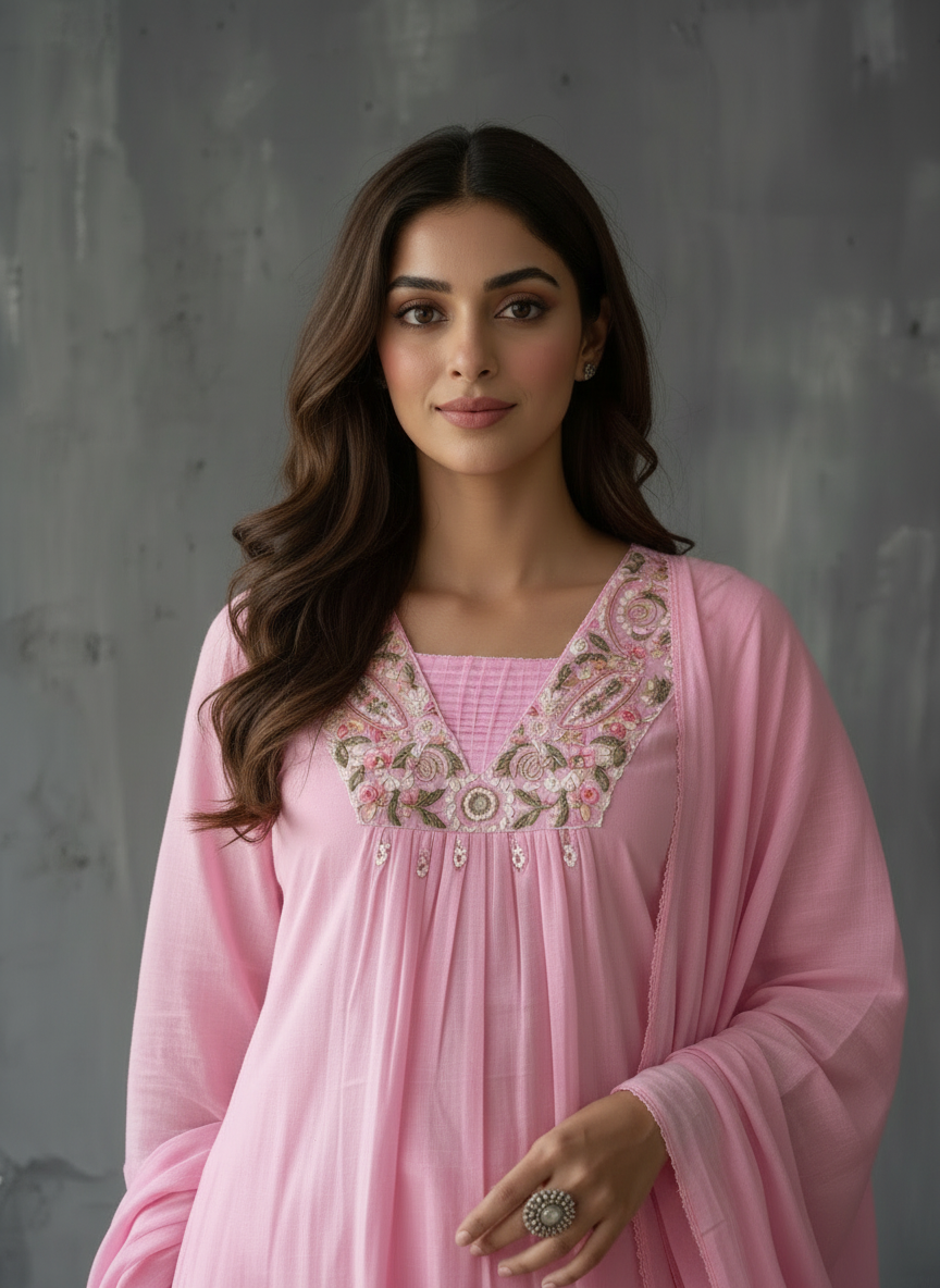 Pink Mirror Work V-Neck Patch Embroidered A-Line Mul Cotton Kurta Set with Mirror Work Dupatta
