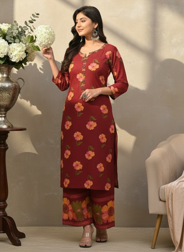 Maroon Cotton Dhabu Handblock Kurta Pant Set with Multicolor Hand Embroidery