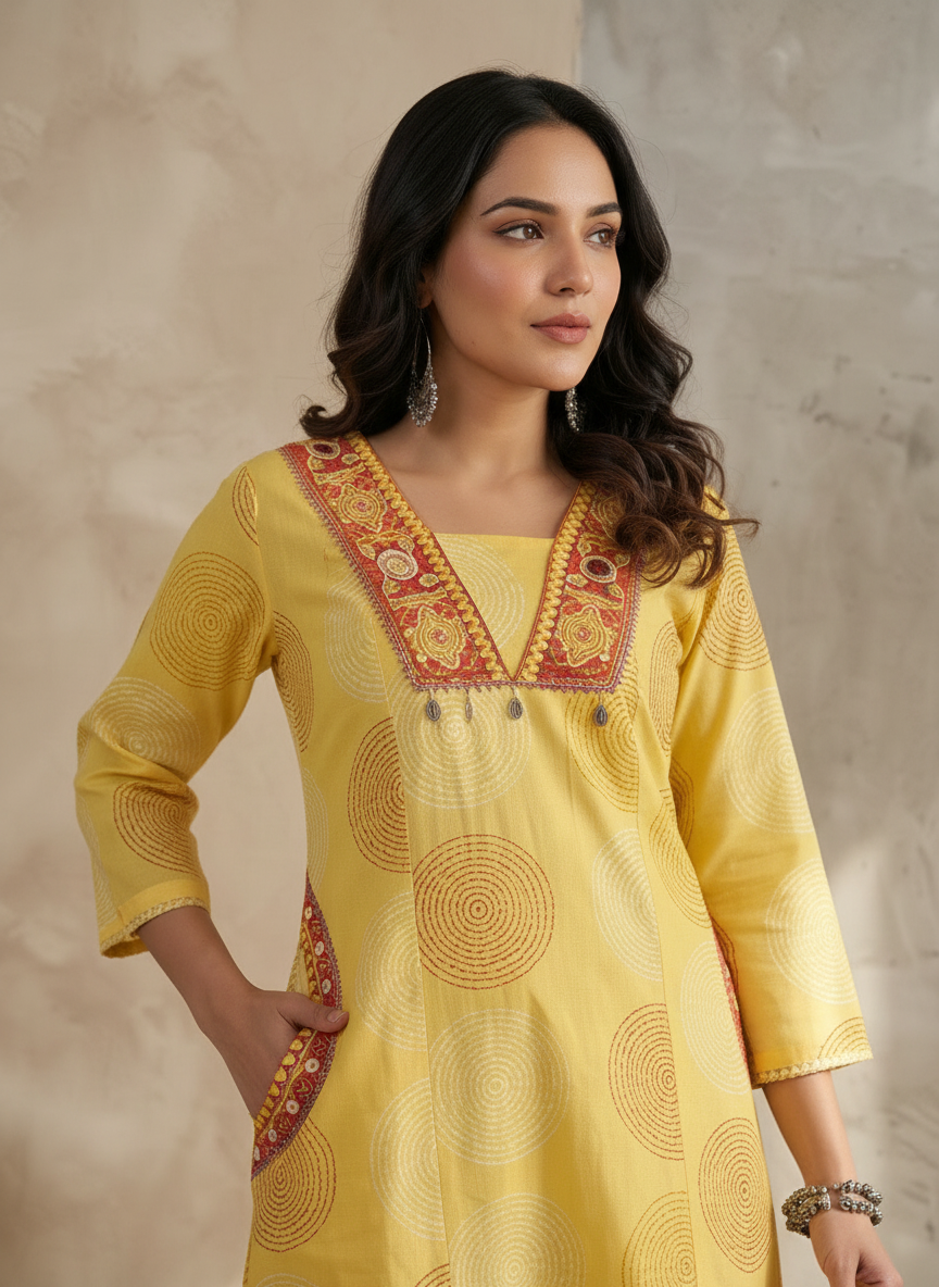 Yellow A-Line Kurta Set with Embroidered Mirror Work Neckline & Embroidered Pockets