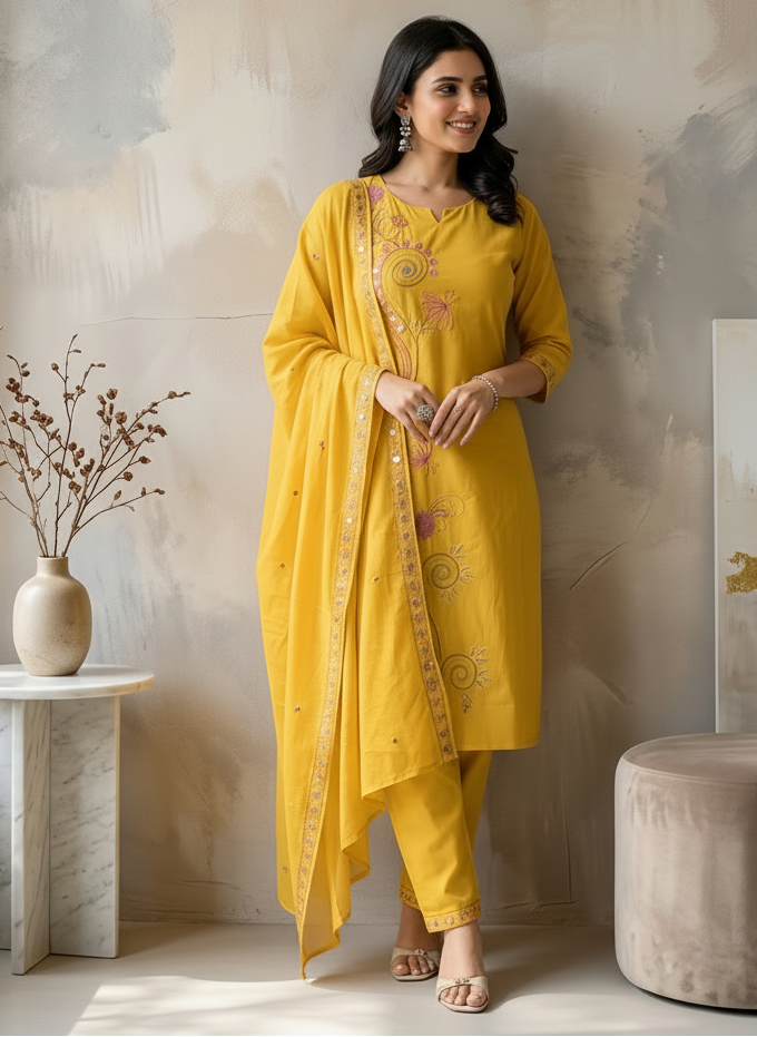 Yellow Handwork Embroidered Kurta Palazzo Set with Mirror Work Dupatta & Embroidered Patchwork Palazzo