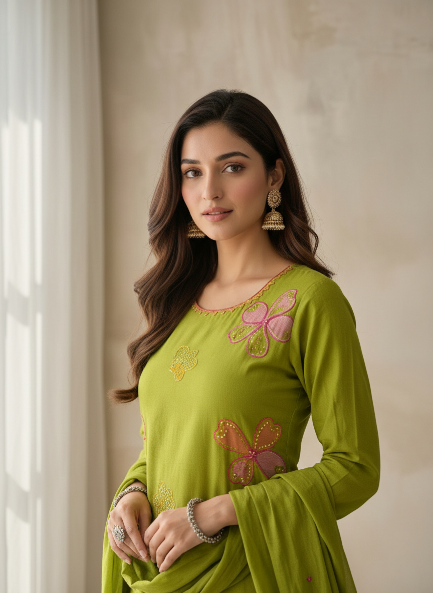 Mehendi Green Hand Embroidered Floral Motif Kurta Set with Stone Work & Mul Cotton Dupatta